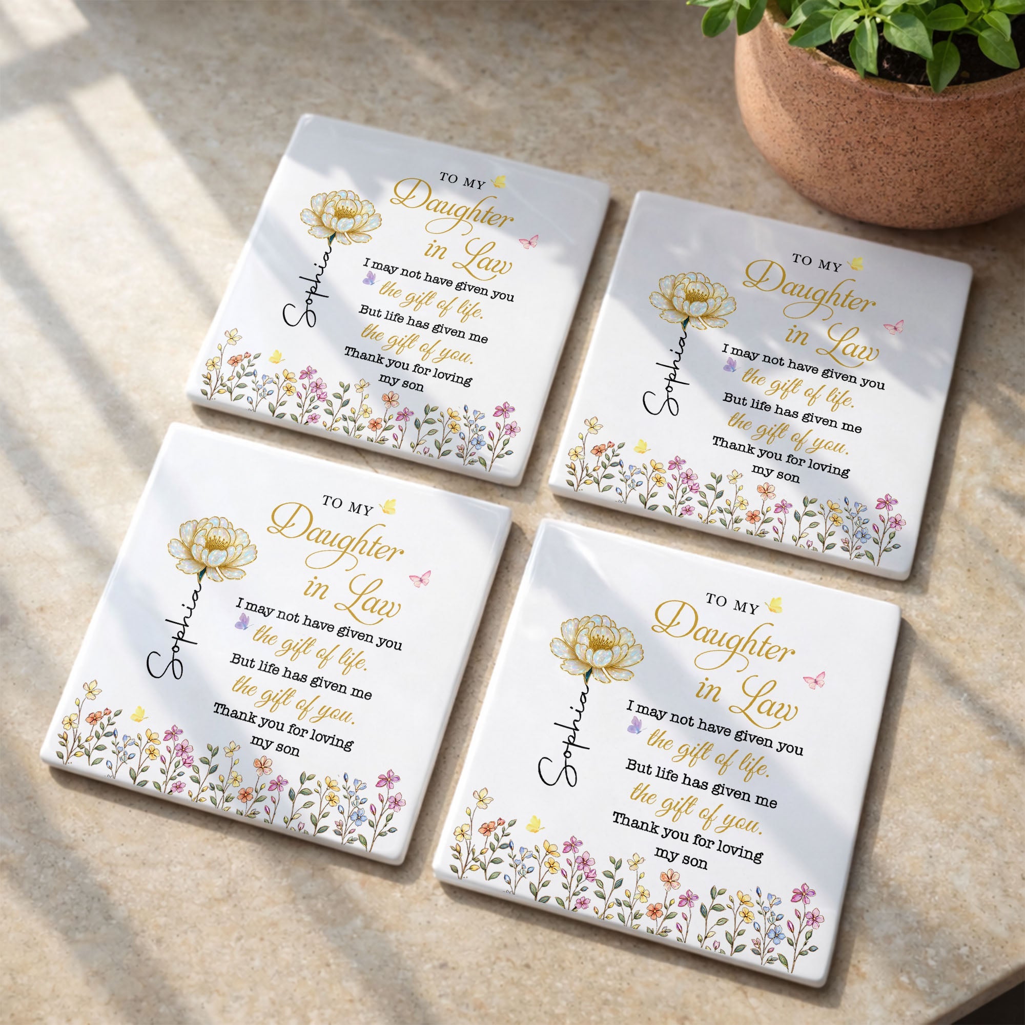 Personalized Ceramic Coaster Custom Flower Design Gift for Daughter-in-Law Square Ceramic Coaster GradoCreations