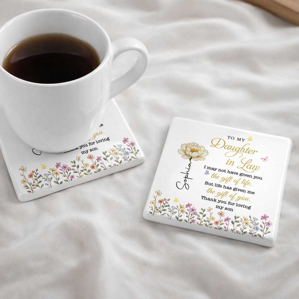 Personalized Ceramic Coaster Custom Flower Design Gift for Daughter-in-Law Square Ceramic Coaster GradoCreations