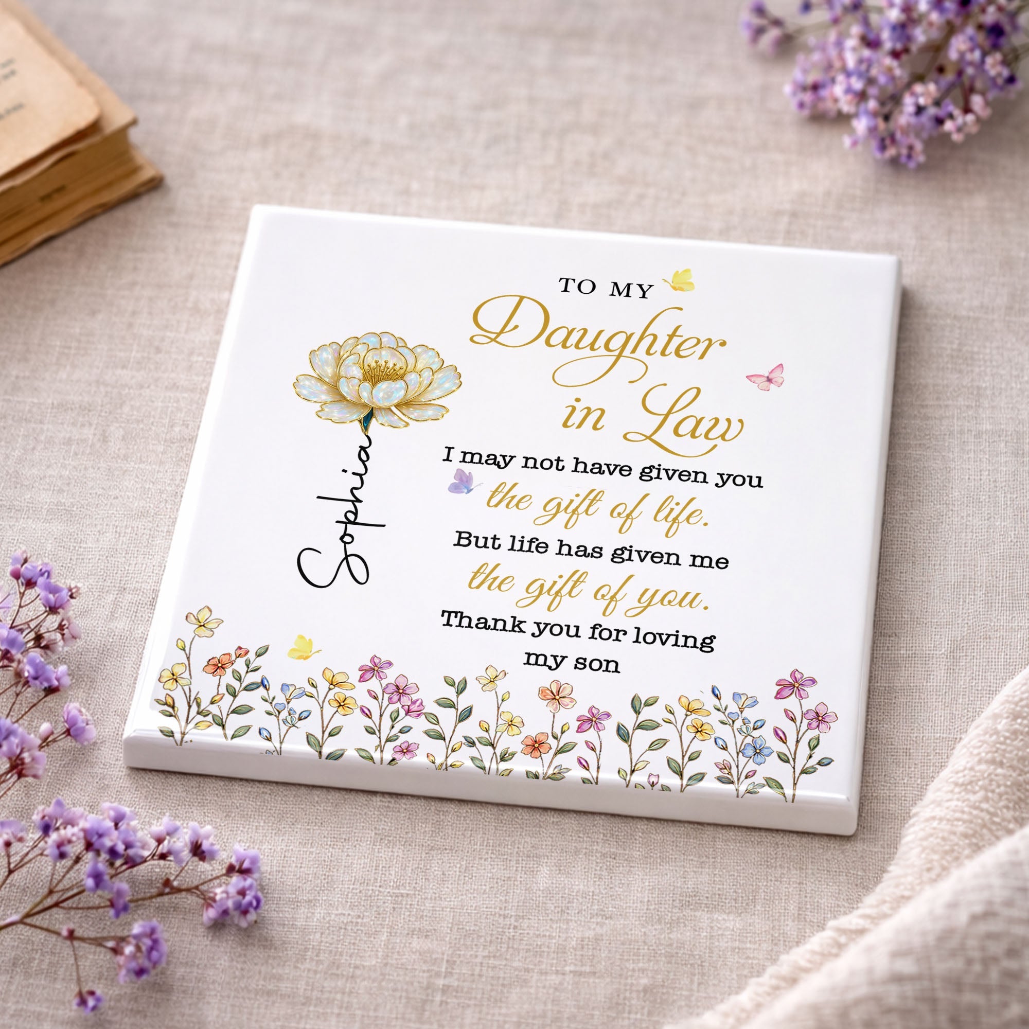 Personalized Ceramic Coaster Custom Flower Design Gift for Daughter-in-Law Square Ceramic Coaster GradoCreations