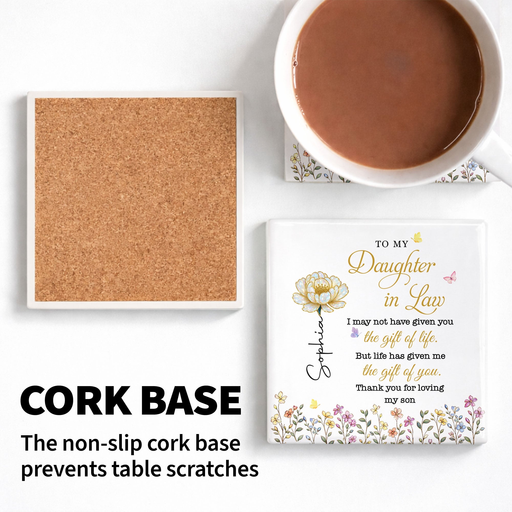 Personalized Ceramic Coaster Custom Flower Design Gift for Daughter-in-Law Square Ceramic Coaster GradoCreations