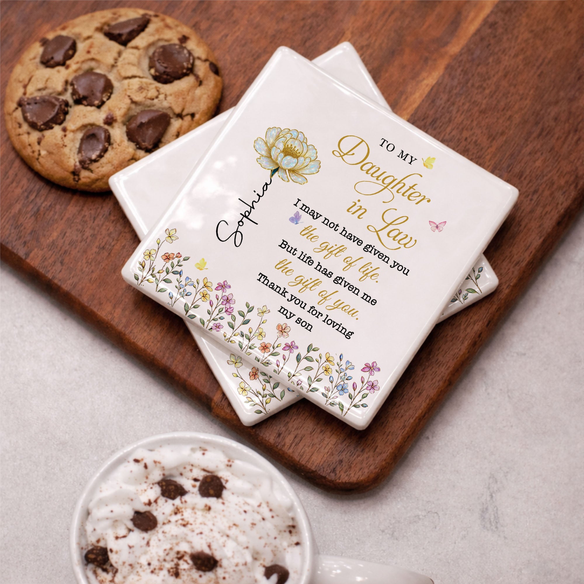 Personalized Ceramic Coaster Custom Flower Design Gift for Daughter-in-Law Square Ceramic Coaster GradoCreations