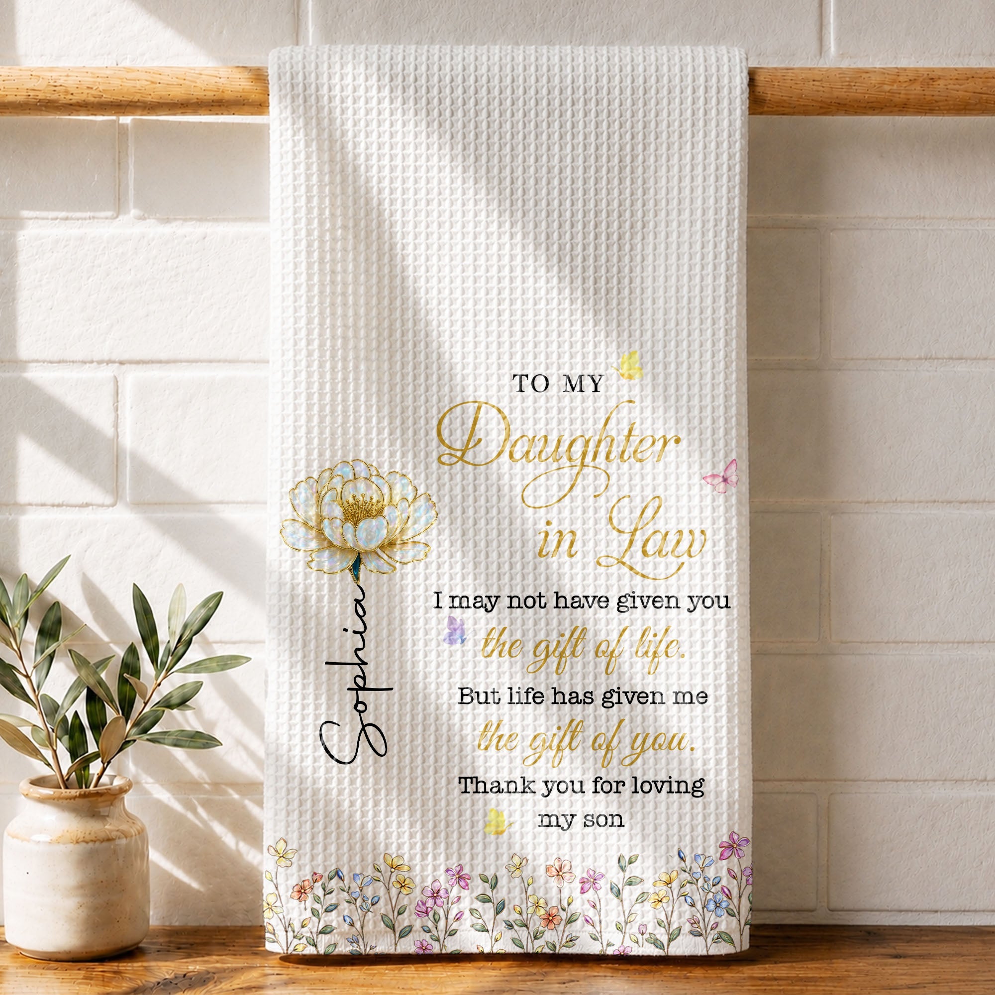 Personalized Kitchen Towel Gift for Daughter-in-Law with Birth Flowers Kitchen Towel GradoCreations