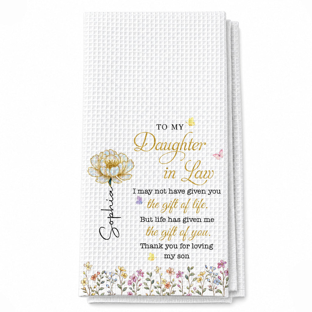 Personalized Kitchen Towel Gift for Daughter-in-Law with Birth Flowers Kitchen Towel GradoCreations