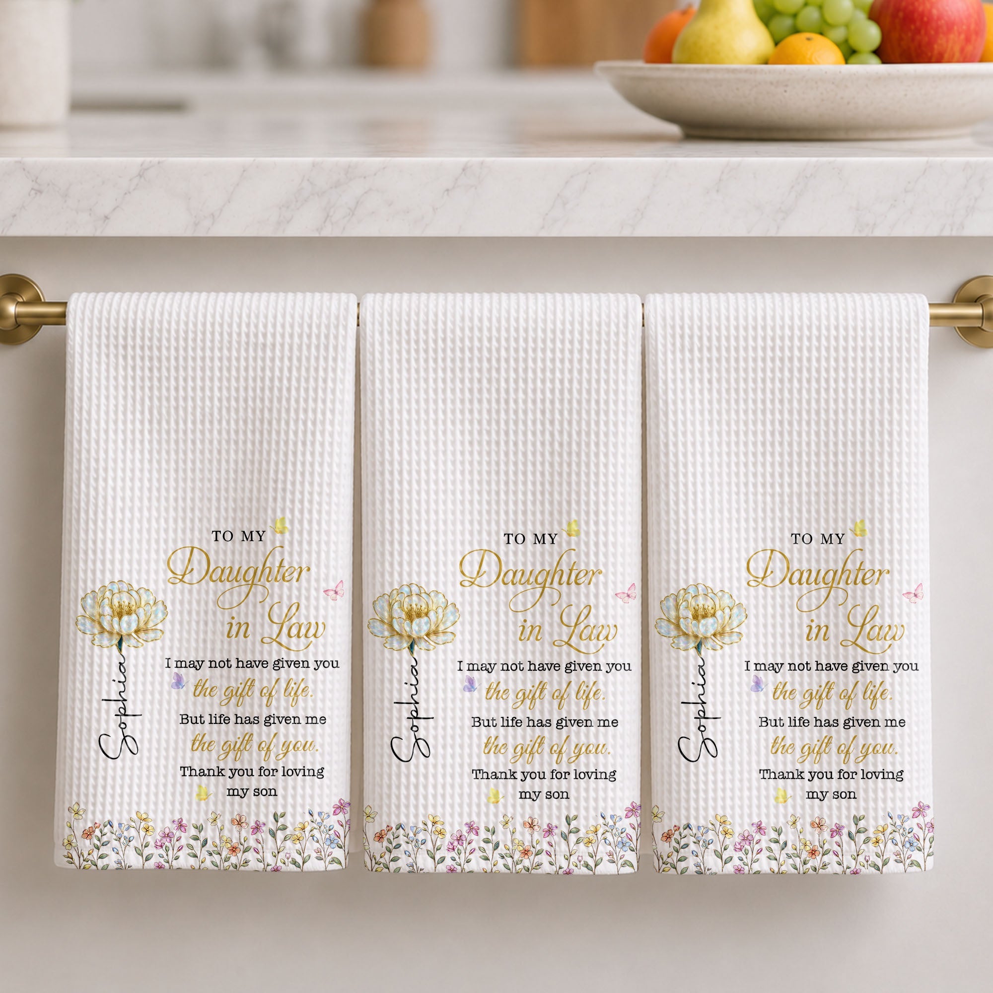 Personalized Kitchen Towel Gift for Daughter-in-Law with Birth Flowers Kitchen Towel GradoCreations