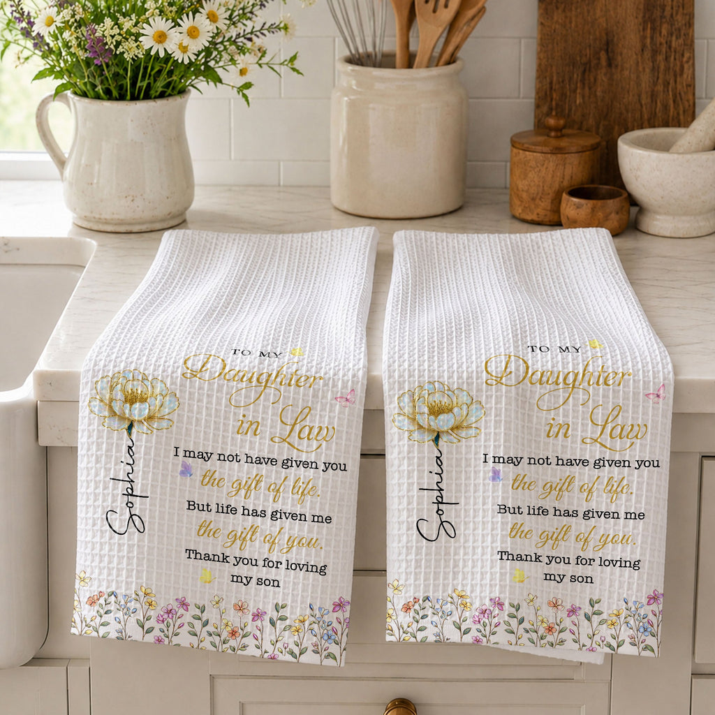 Personalized Kitchen Towel Gift for Daughter-in-Law with Birth Flowers Kitchen Towel GradoCreations