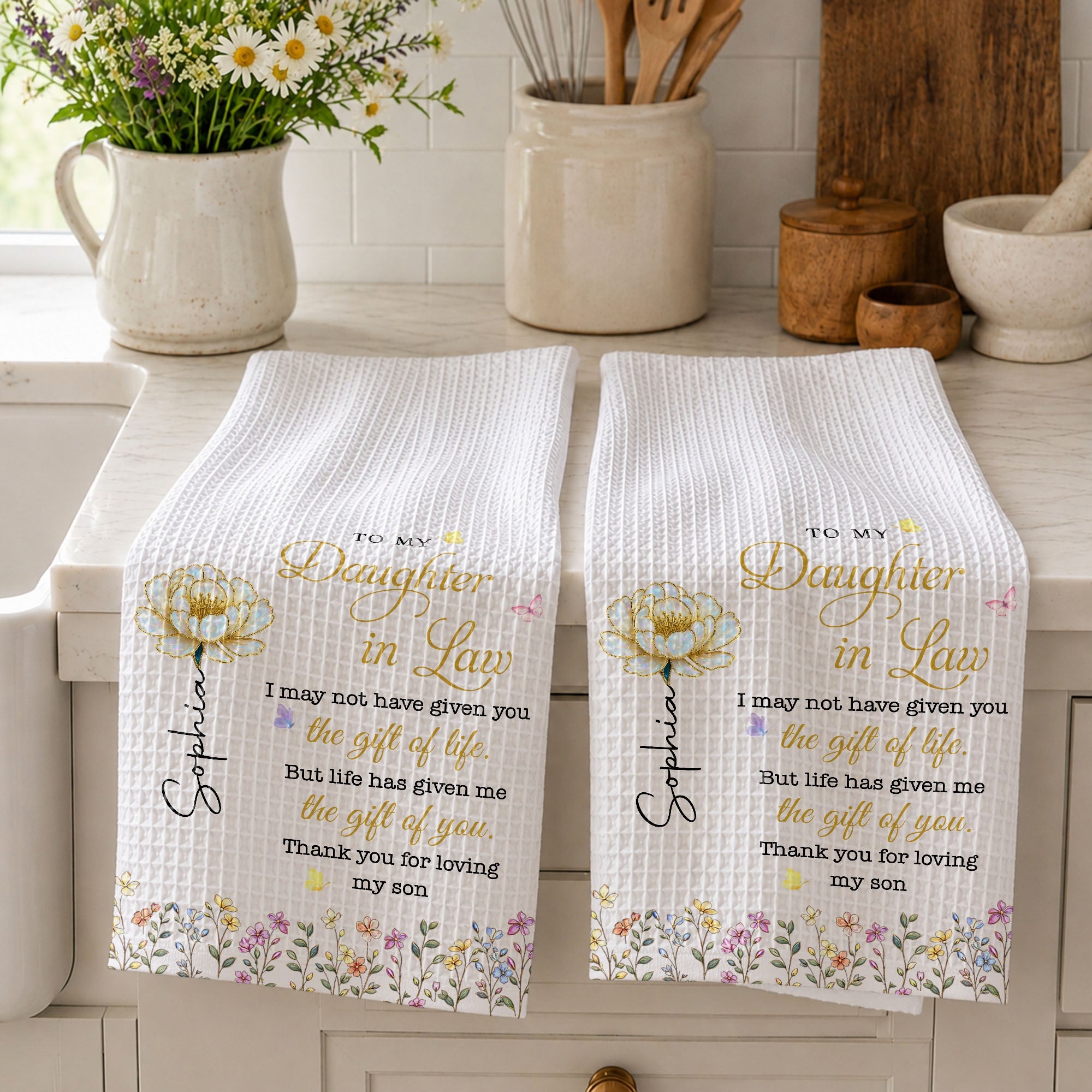 Personalized Kitchen Towel Gift for Daughter-in-Law with Birth Flowers Kitchen Towel GradoCreations
