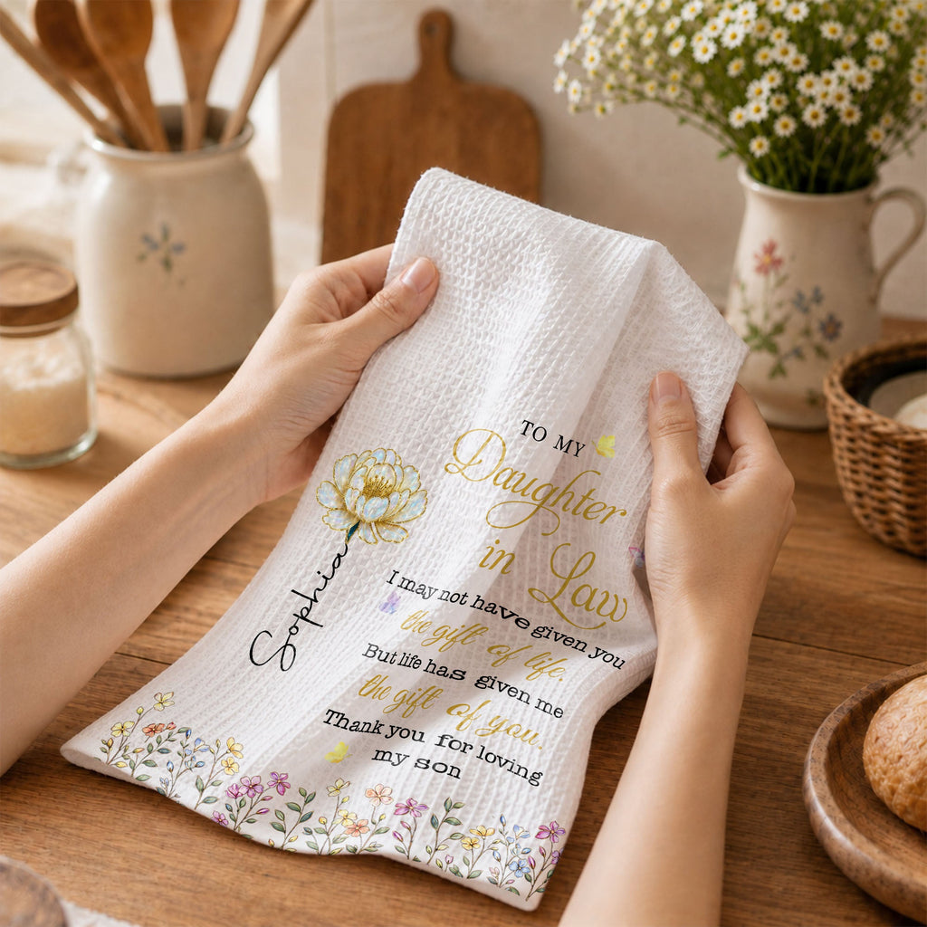 Personalized Kitchen Towel Gift for Daughter-in-Law with Birth Flowers Kitchen Towel GradoCreations