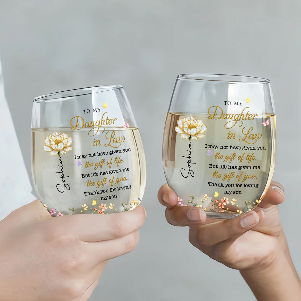 Personalized Stemless Wine Glass Custom Gift for Daughter-in-Law Wine Glasses GradoCreations