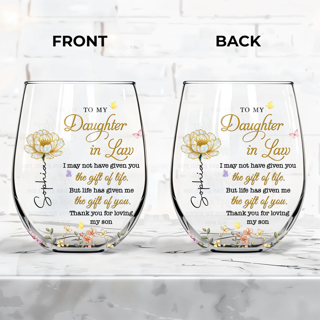 Personalized Stemless Wine Glass Custom Gift for Daughter-in-Law Wine Glasses GradoCreations