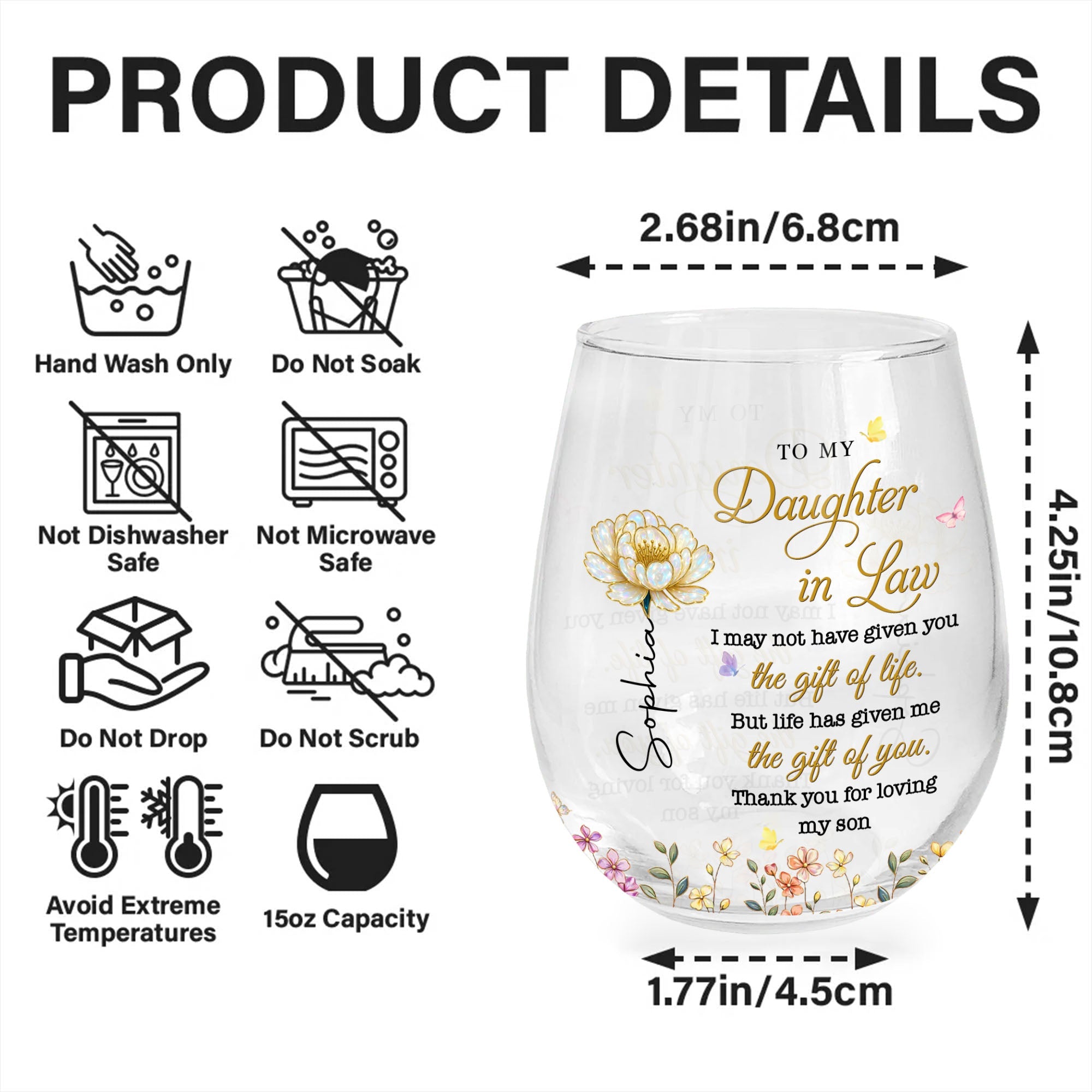 Personalized Stemless Wine Glass Custom Gift for Daughter-in-Law Wine Glasses GradoCreations