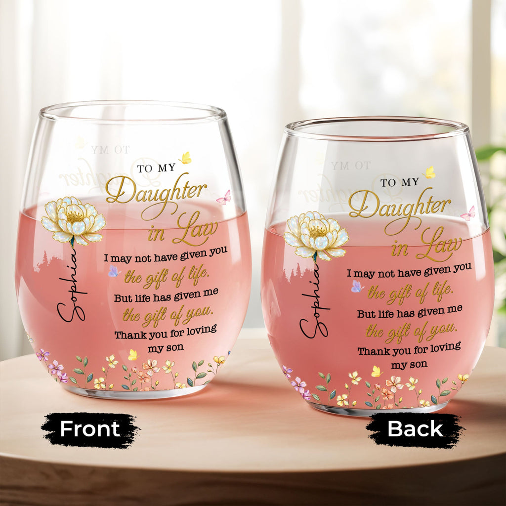 Personalized Stemless Wine Glass Custom Gift for Daughter-in-Law Wine Glasses GradoCreations