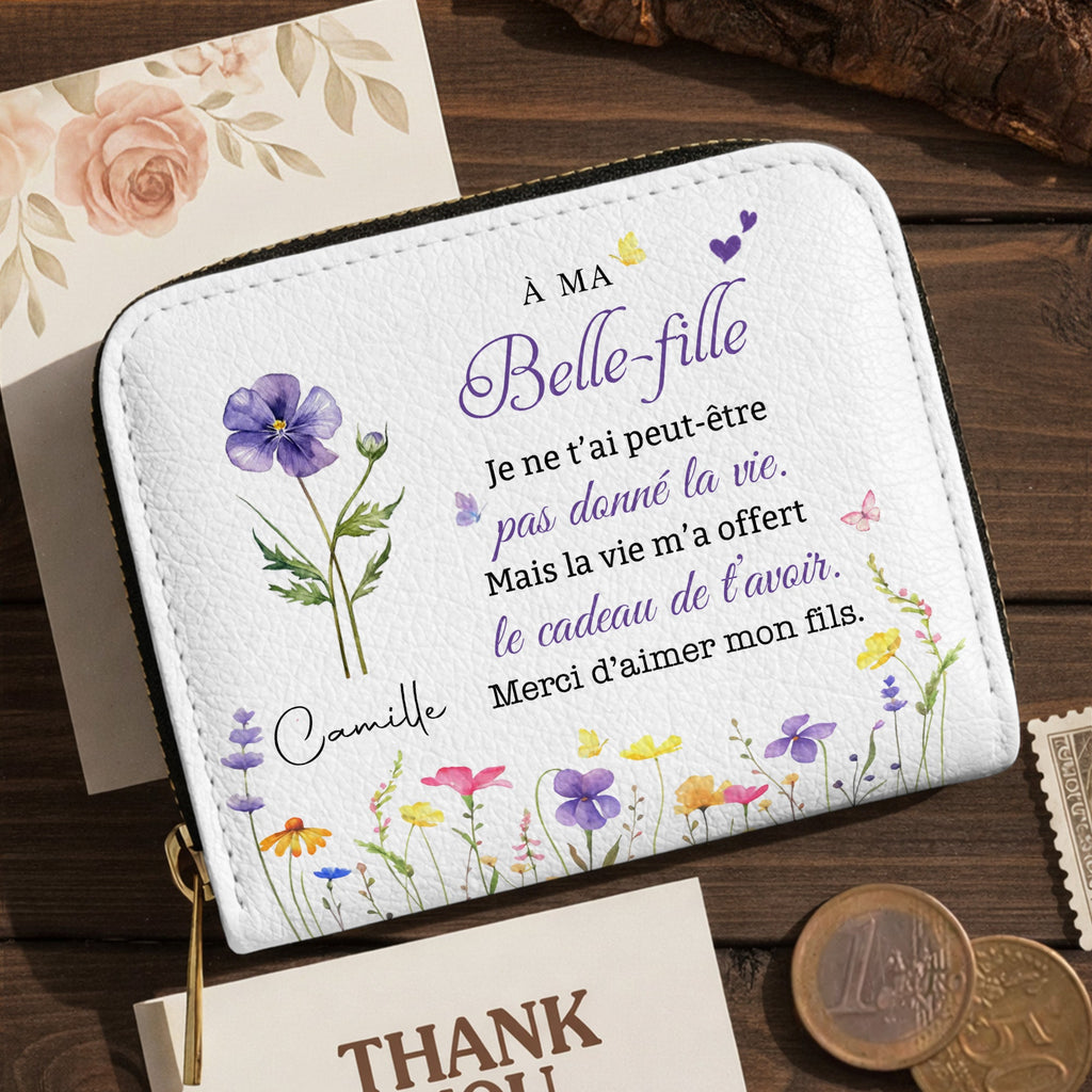 Personalized Mini Leather Wallet Custom Birth Month Flowers Gift for Daughter-in-Law Leather Wallet GradoCreations
