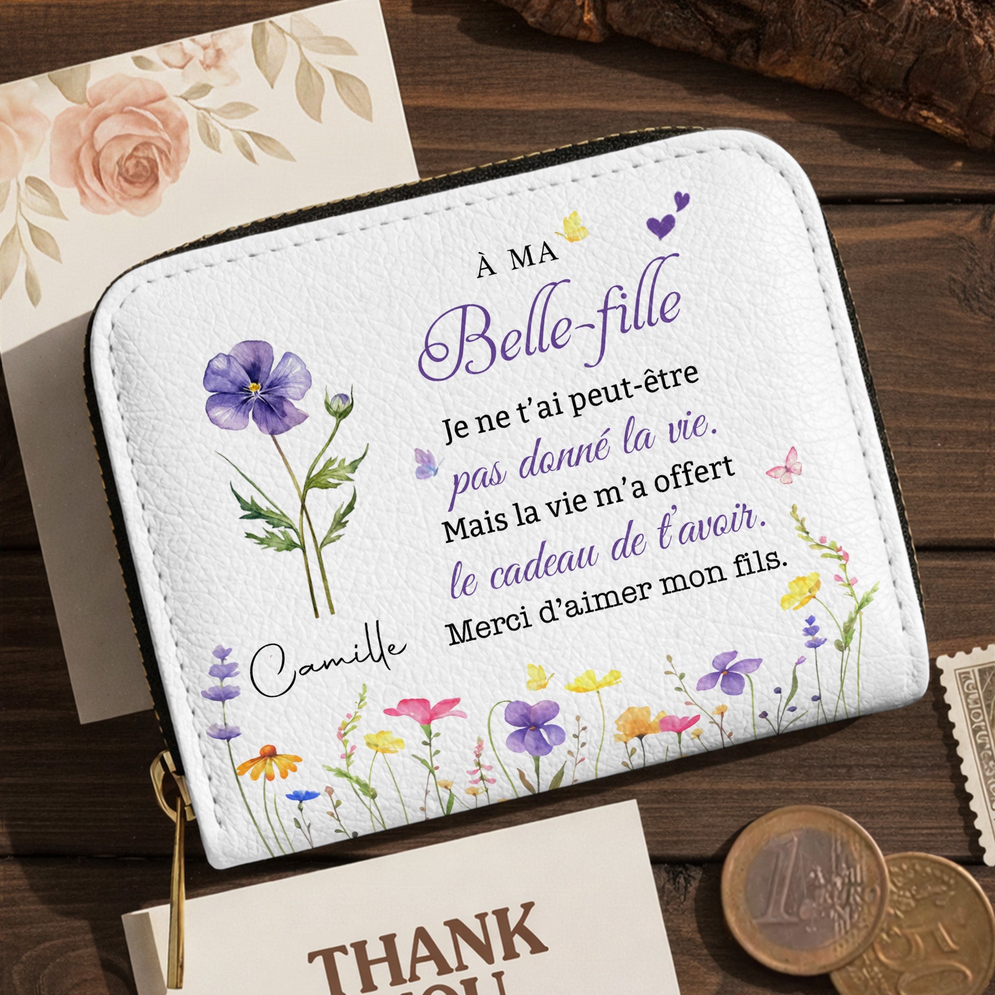 Personalized Mini Leather Wallet Custom Birth Month Flowers Gift for Daughter-in-Law Leather Wallet GradoCreations