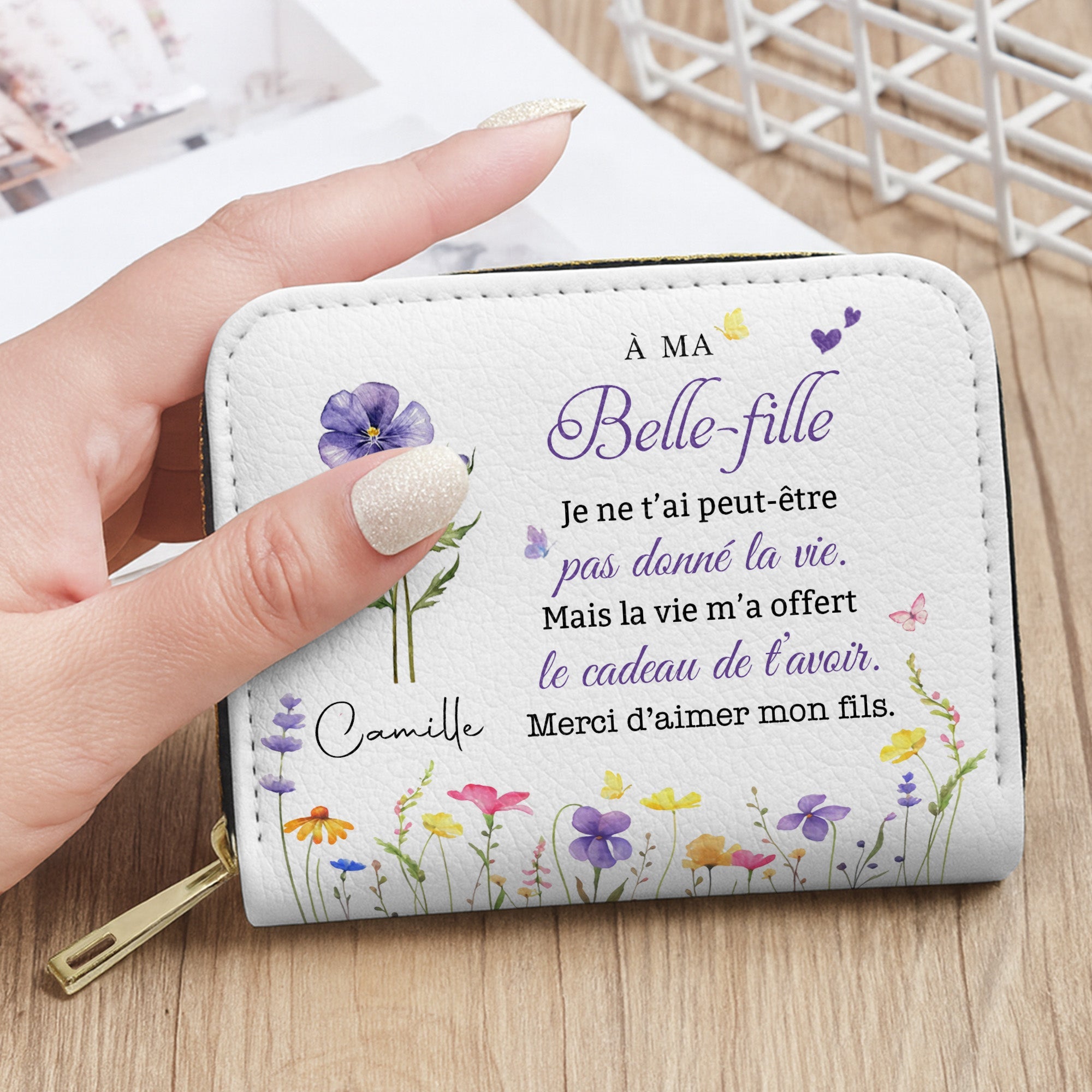 Personalized Mini Leather Wallet Custom Birth Month Flowers Gift for Daughter-in-Law Leather Wallet GradoCreations