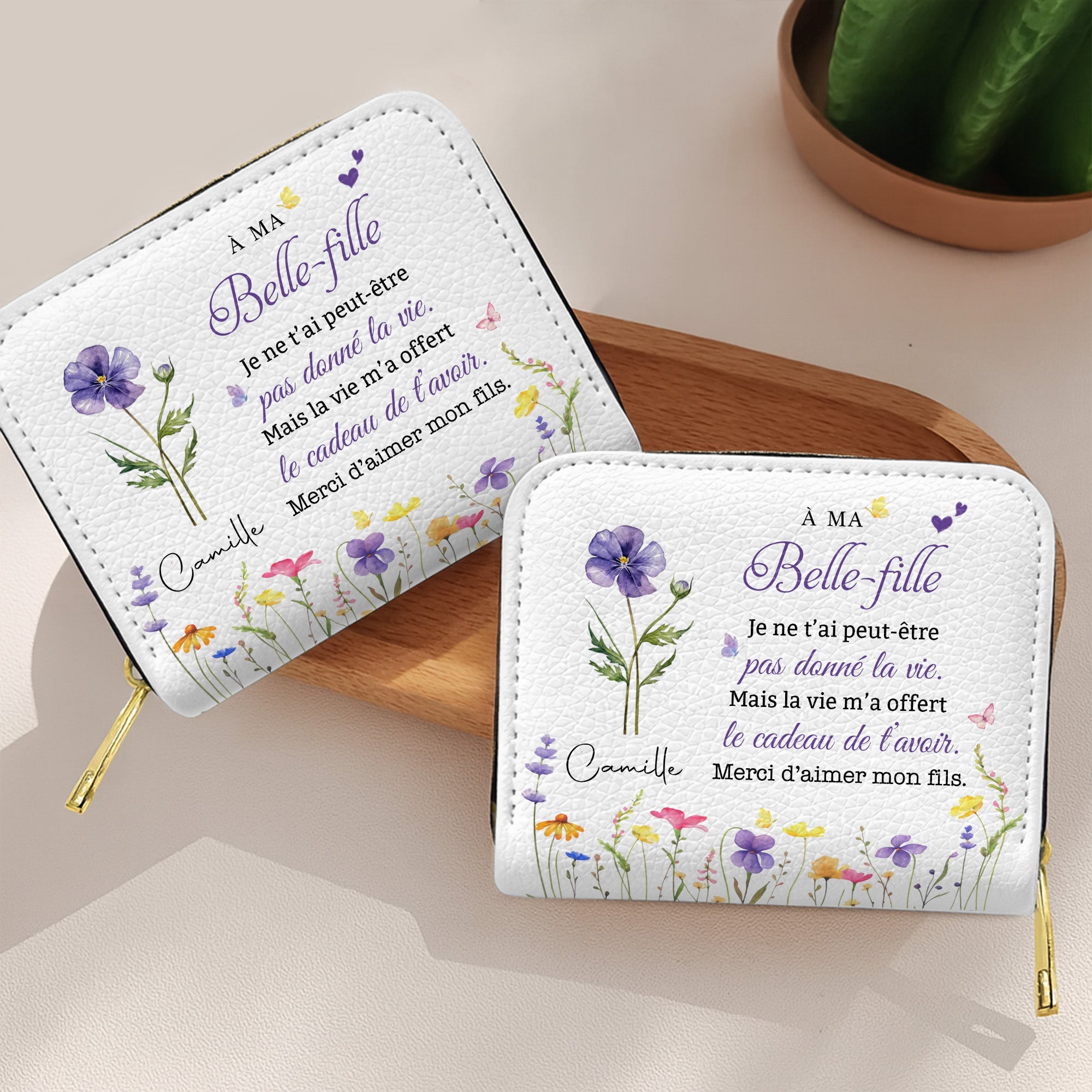 Personalized Mini Leather Wallet Custom Birth Month Flowers Gift for Daughter-in-Law Leather Wallet GradoCreations