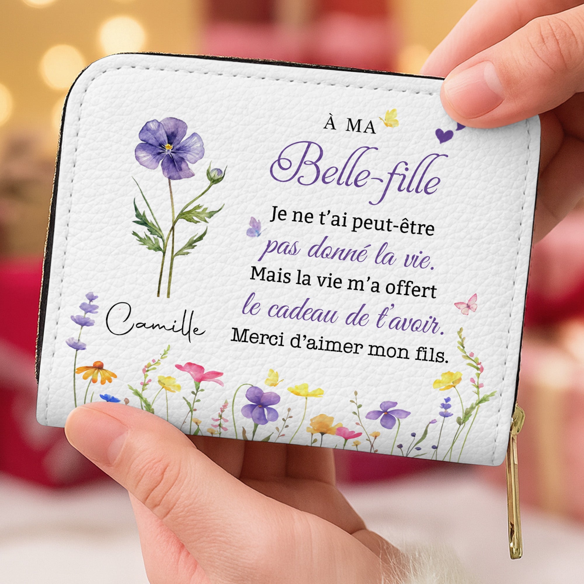 Personalized Mini Leather Wallet Custom Birth Month Flowers Gift for Daughter-in-Law Leather Wallet GradoCreations