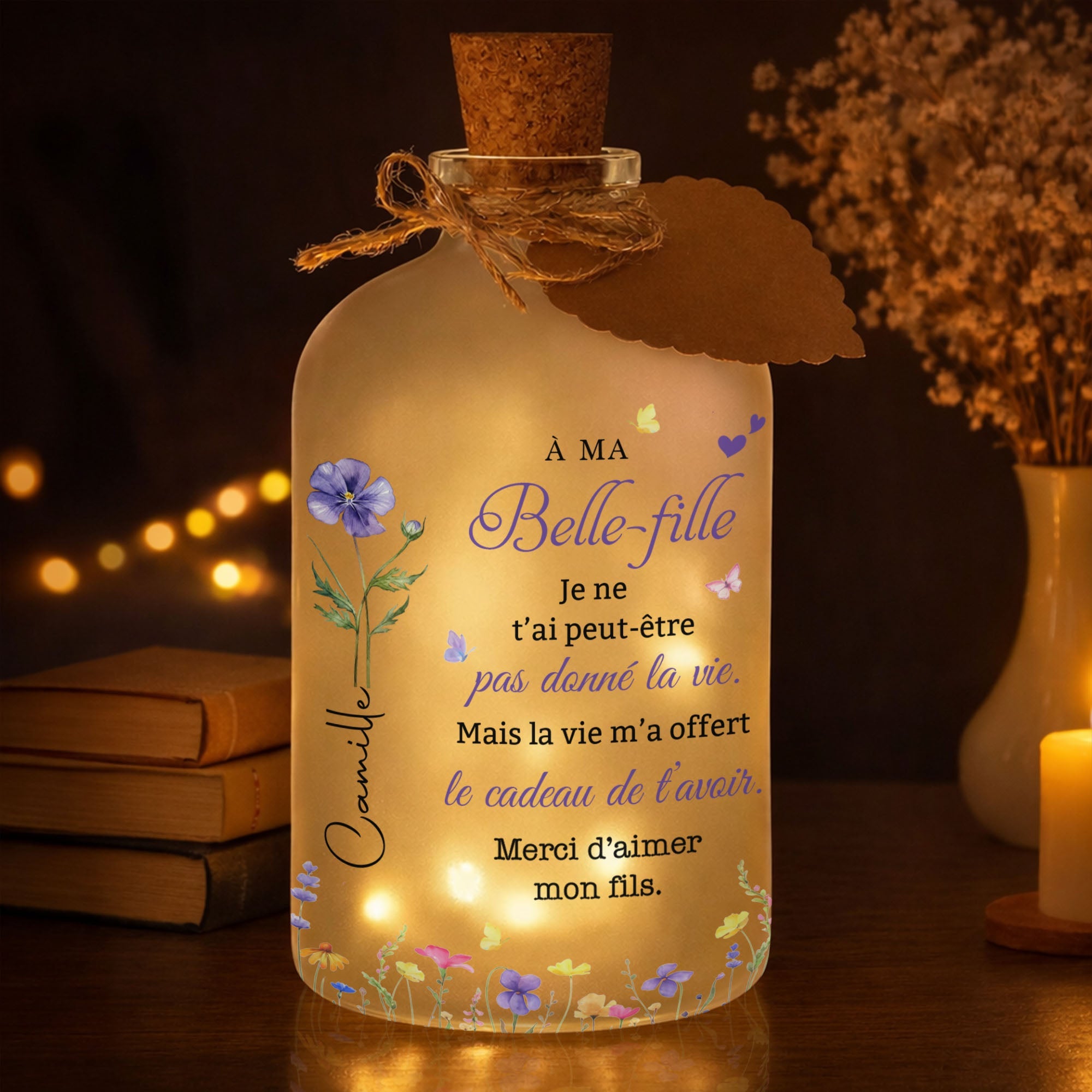 Personalized Short Bottle Light Custom Birth Month Flowers Gift for Daughter-in-Law Short Bottle Light GradoCreations