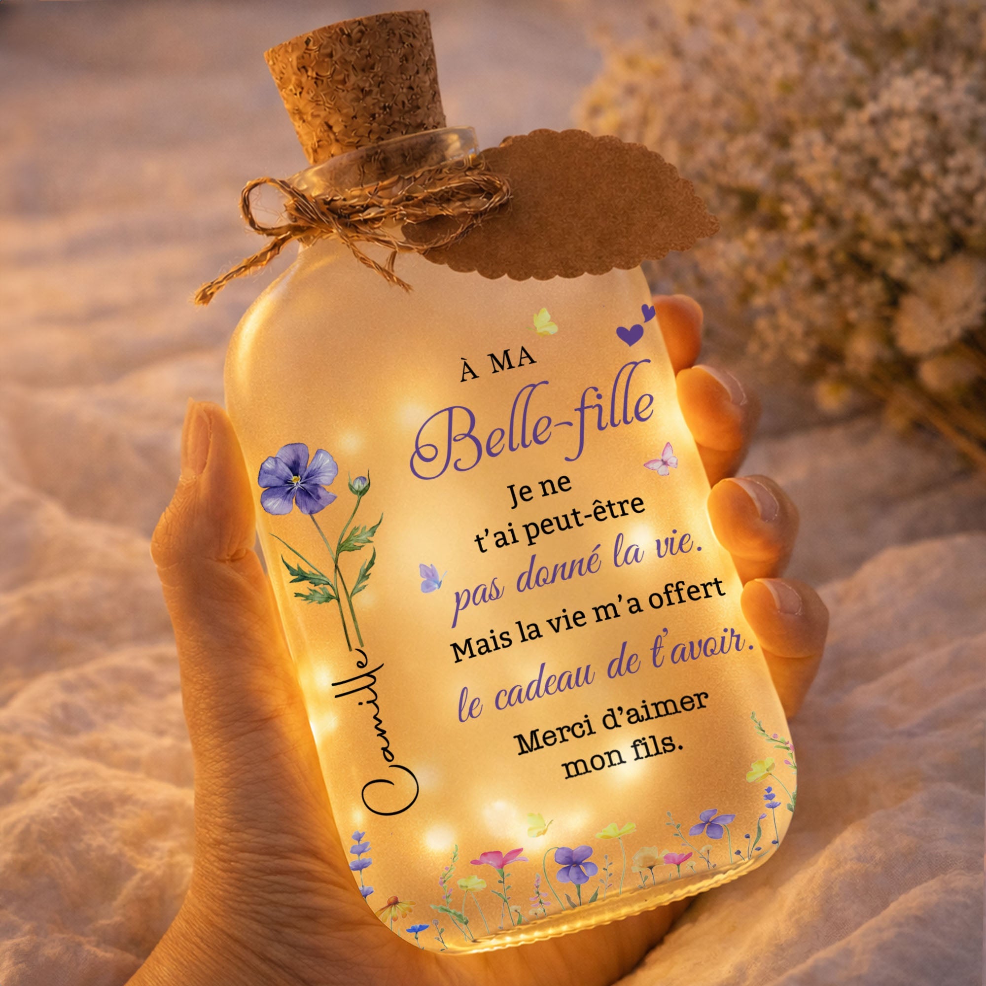 Personalized Short Bottle Light Custom Birth Month Flowers Gift for Daughter-in-Law Short Bottle Light GradoCreations