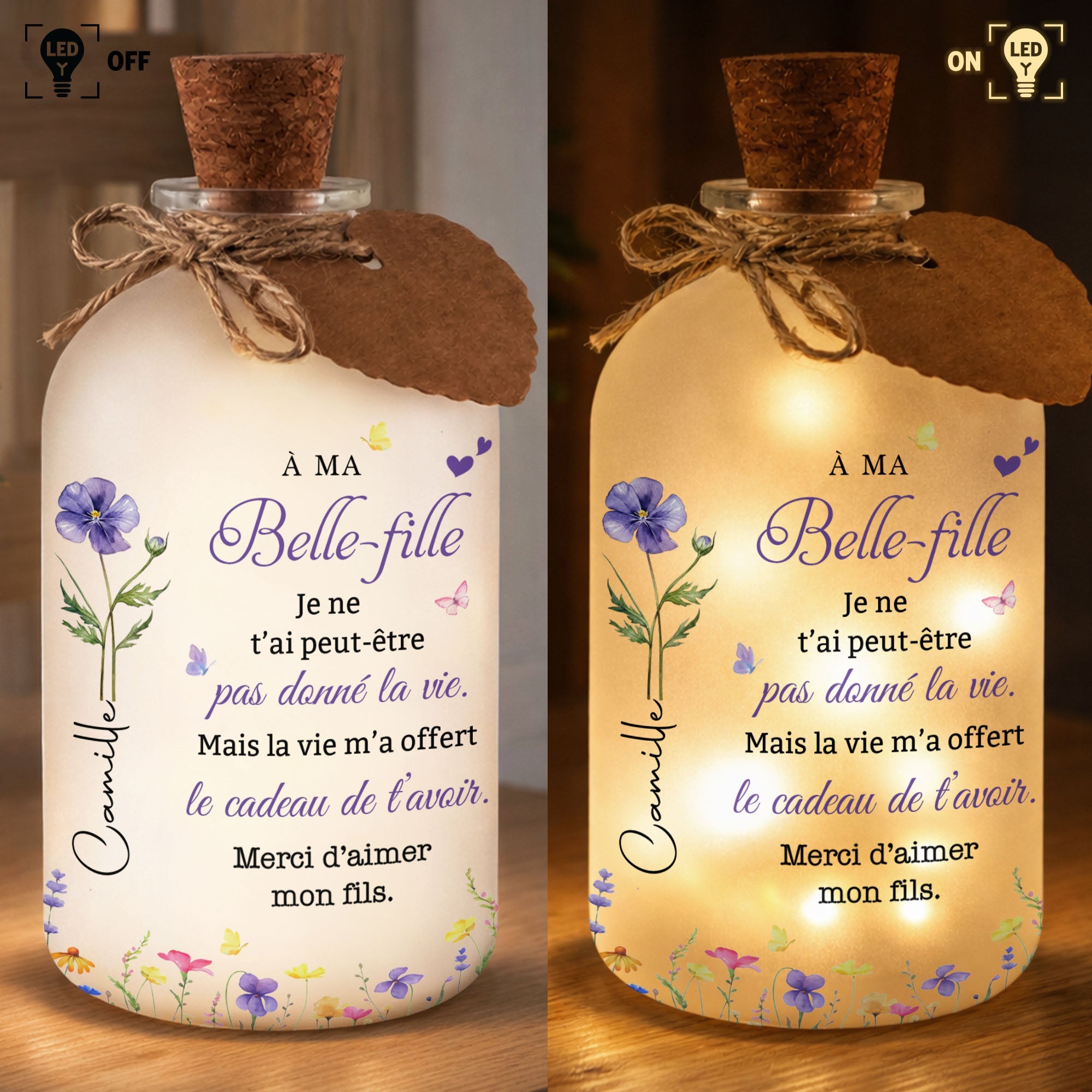 Personalized Short Bottle Light Custom Birth Month Flowers Gift for Daughter-in-Law Short Bottle Light GradoCreations