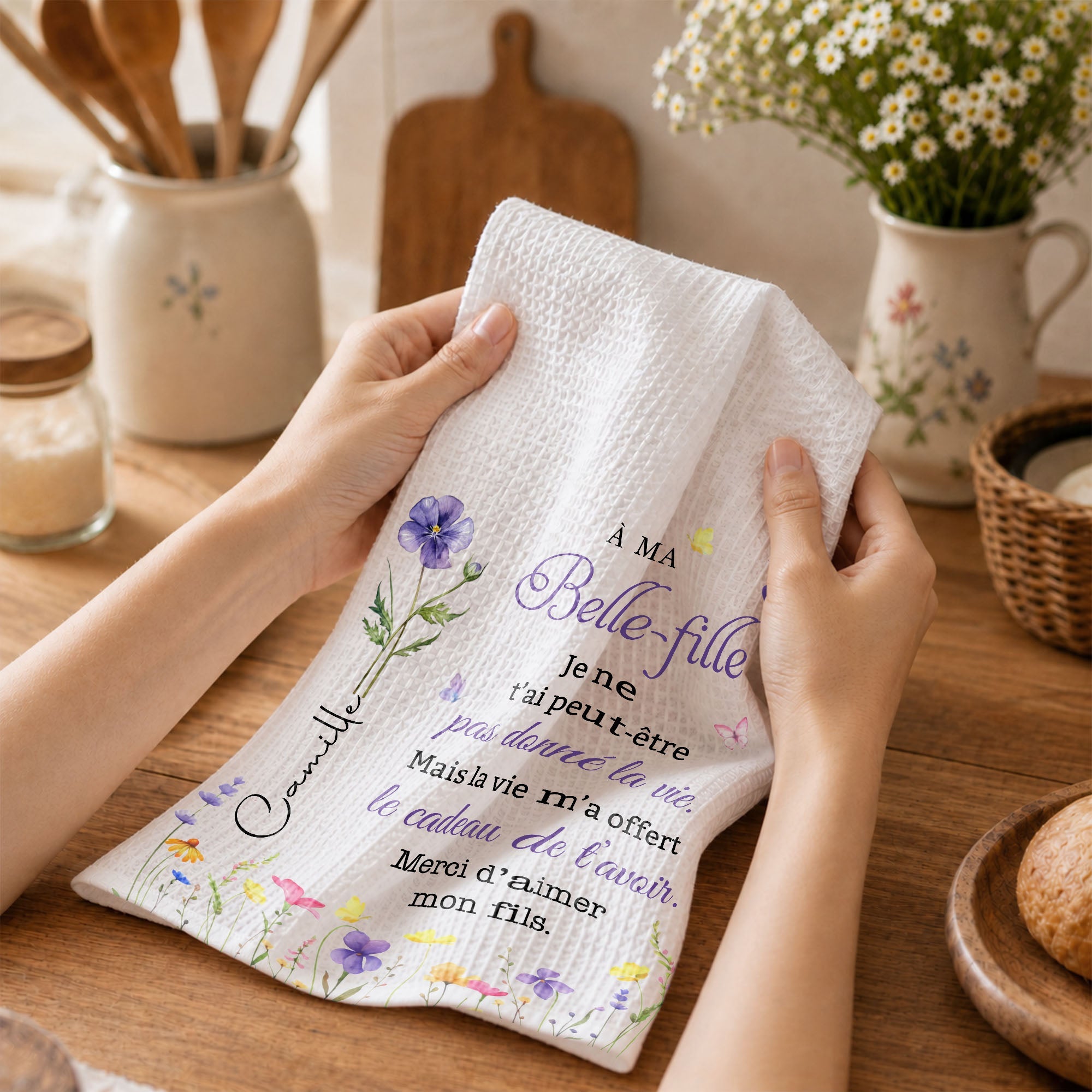 Personalized Kitchen Towel Gift for Daughter-in-Law with Flowers Kitchen Towel GradoCreations