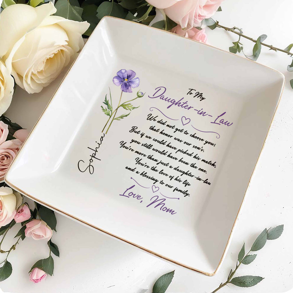 Personalized Jewelry Dish Custom Birth Month Flower Gift for Daughter-in-Law Jewelry Dish GradoCreations
