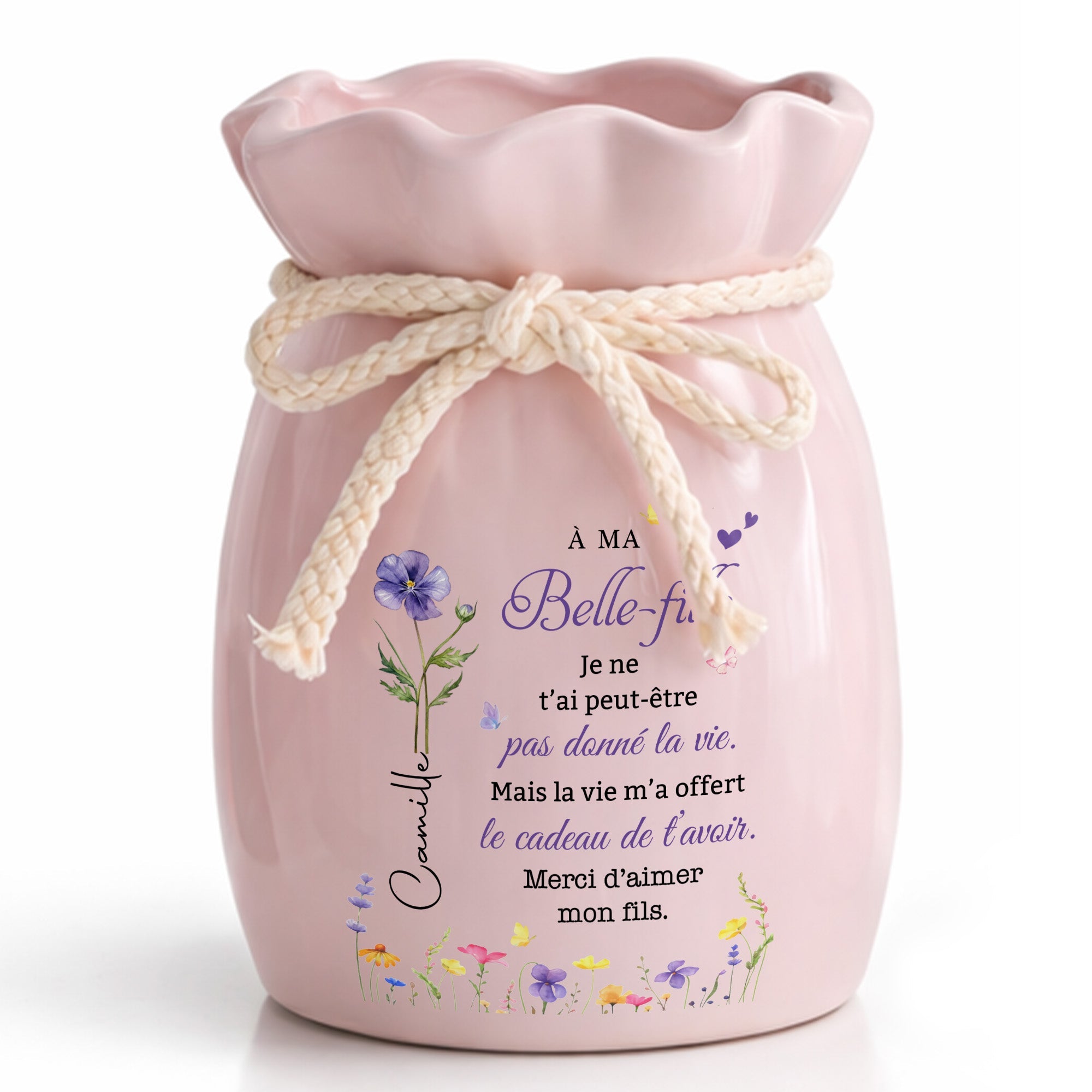 Personalized Ribbon Tie Ceramic Flower Vase Custom Gift for Daughter-in-Law Ribbon Tie Ceramic Flower Vase GradoCreations