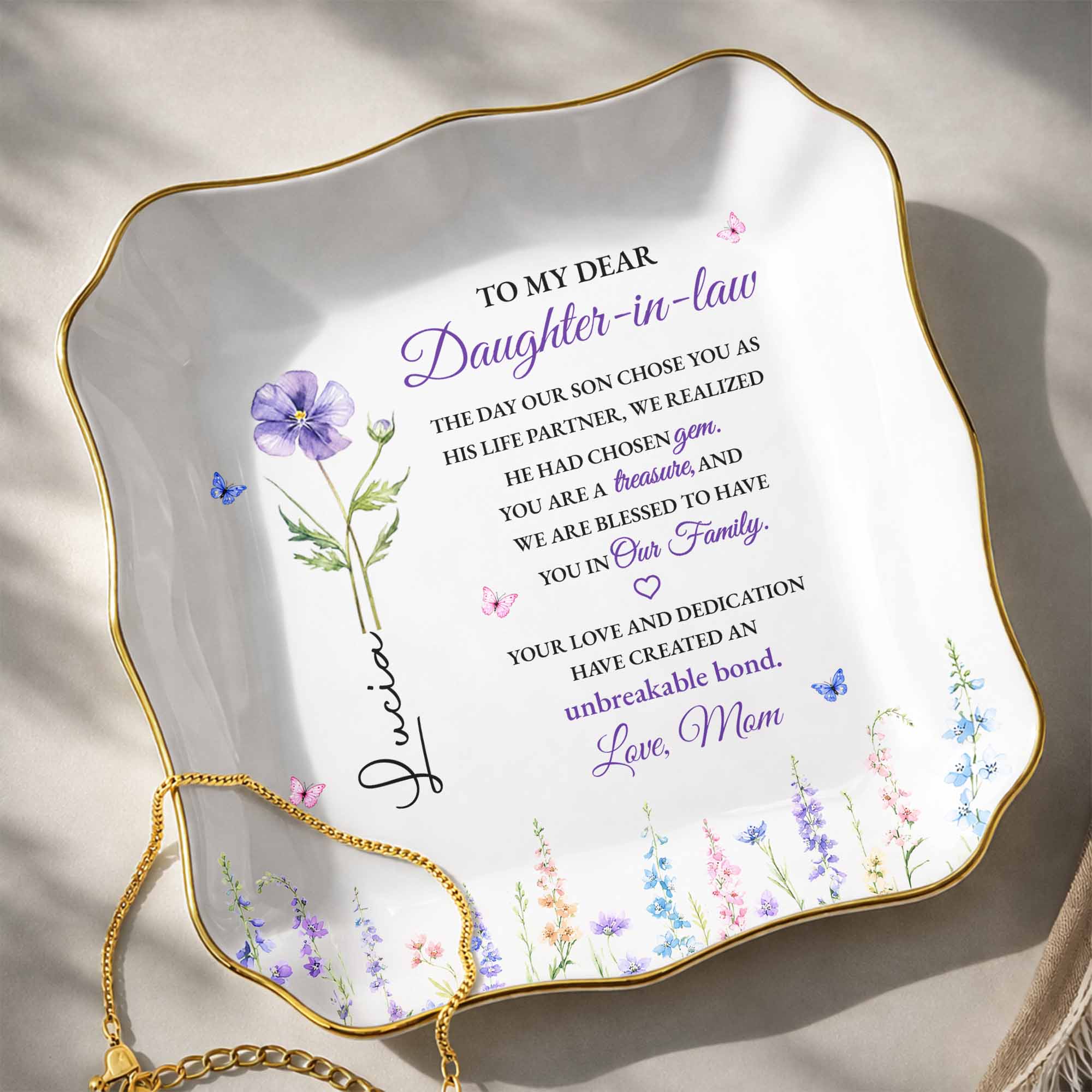 Personalized Lace Jewelry Dish Custom Name Gift for Daughter-in-Law Lace Square Jewelry Dish GradoCreations