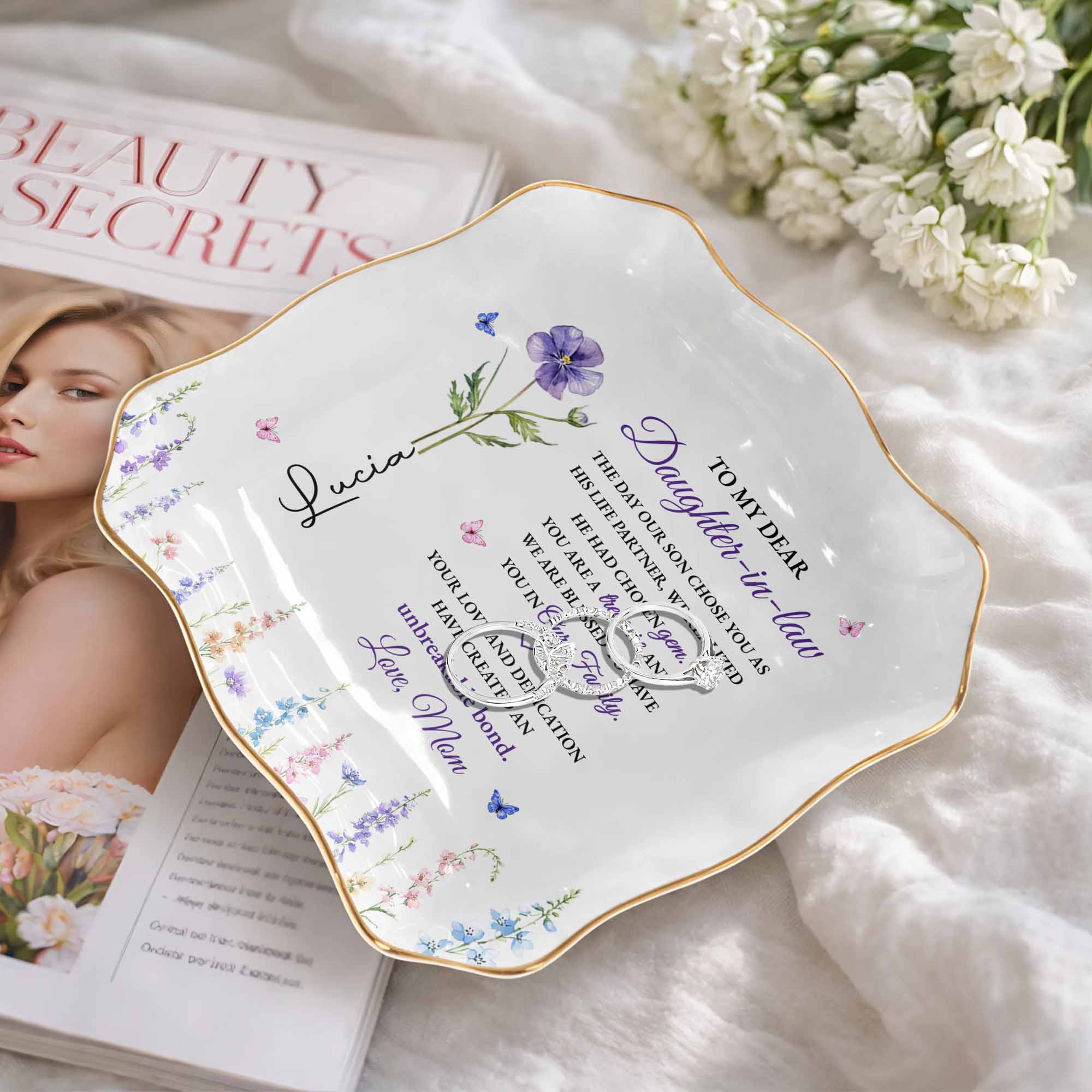 Personalized Lace Jewelry Dish Custom Name Gift for Daughter-in-Law Lace Square Jewelry Dish GradoCreations