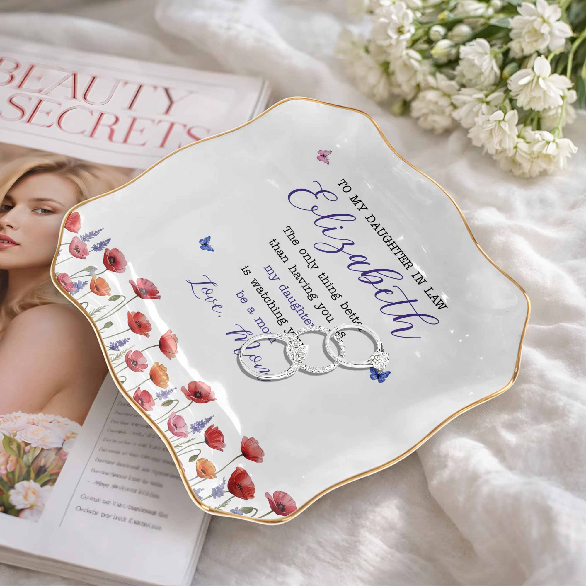 Personalized Lace Jewelry Dish Custom Name Gift for Daughter-in-Law Lace Square Jewelry Dish GradoCreations