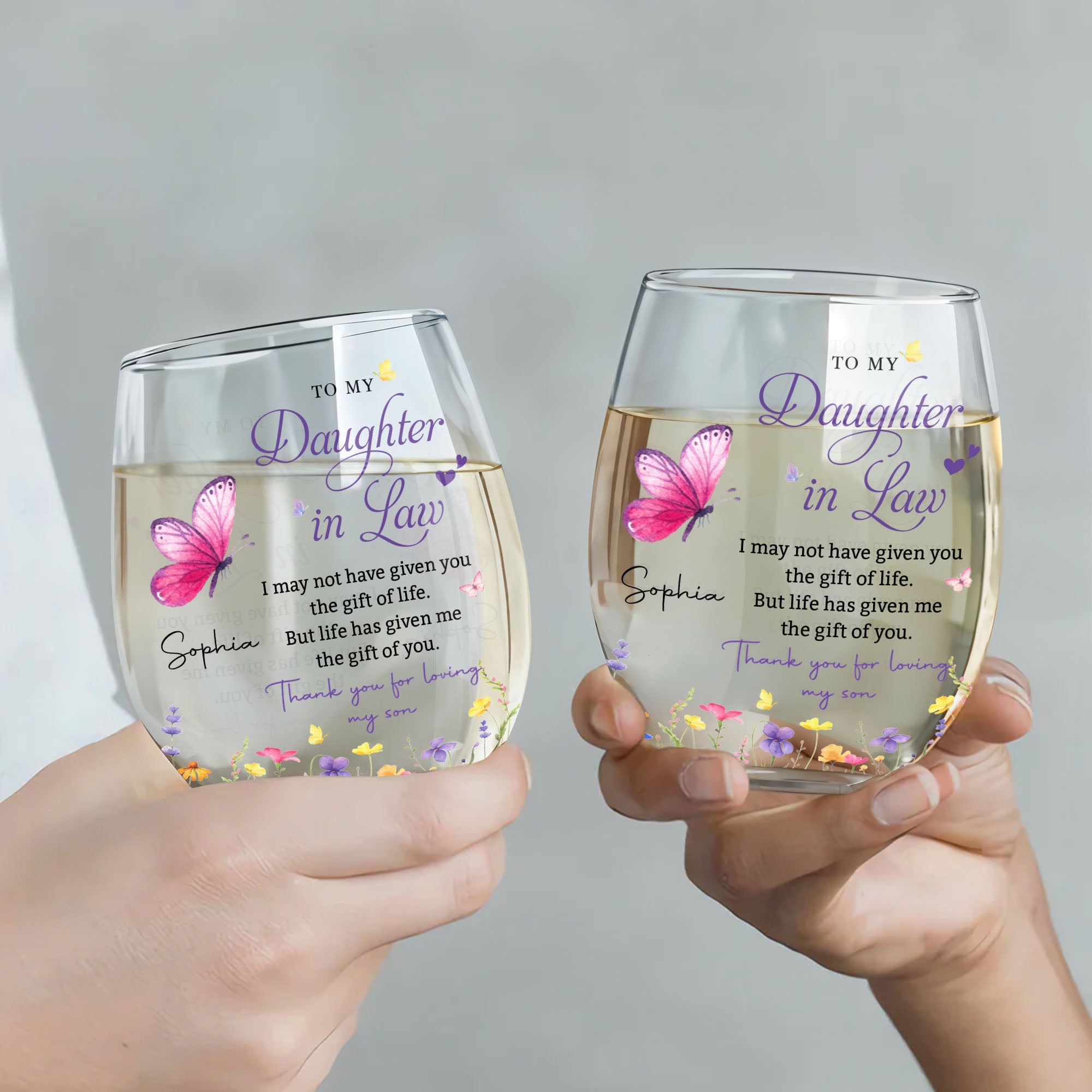 Personalized Stemless Wine Glass Butterfly Gift for Daughter-in-Law Wine Glasses GradoCreations