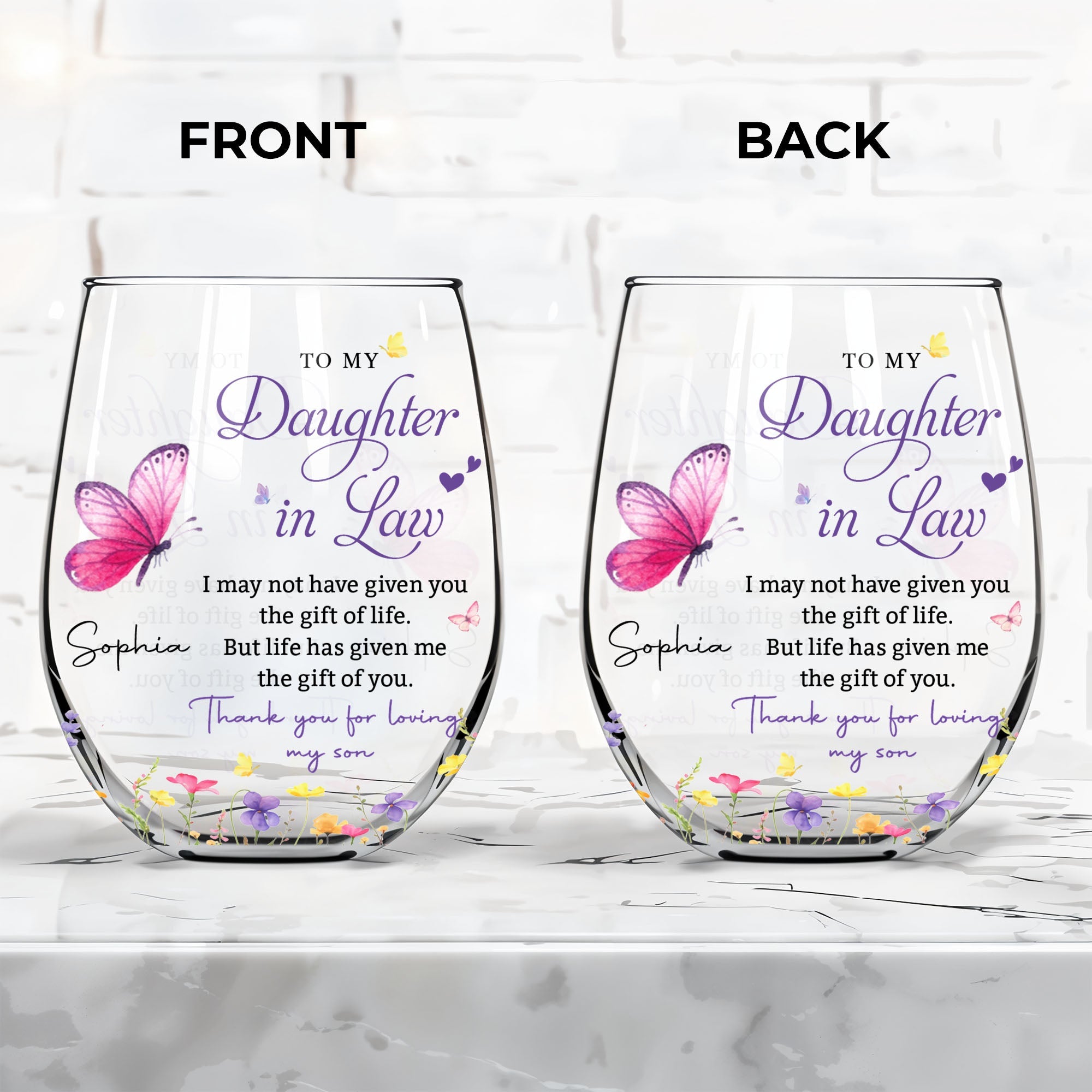 Personalized Stemless Wine Glass Butterfly Gift for Daughter-in-Law Wine Glasses GradoCreations