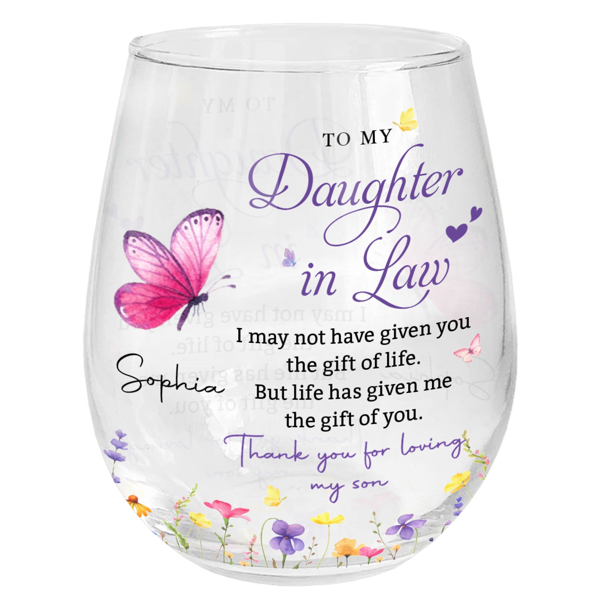 Personalized Stemless Wine Glass Butterfly Gift for Daughter-in-Law Wine Glasses GradoCreations