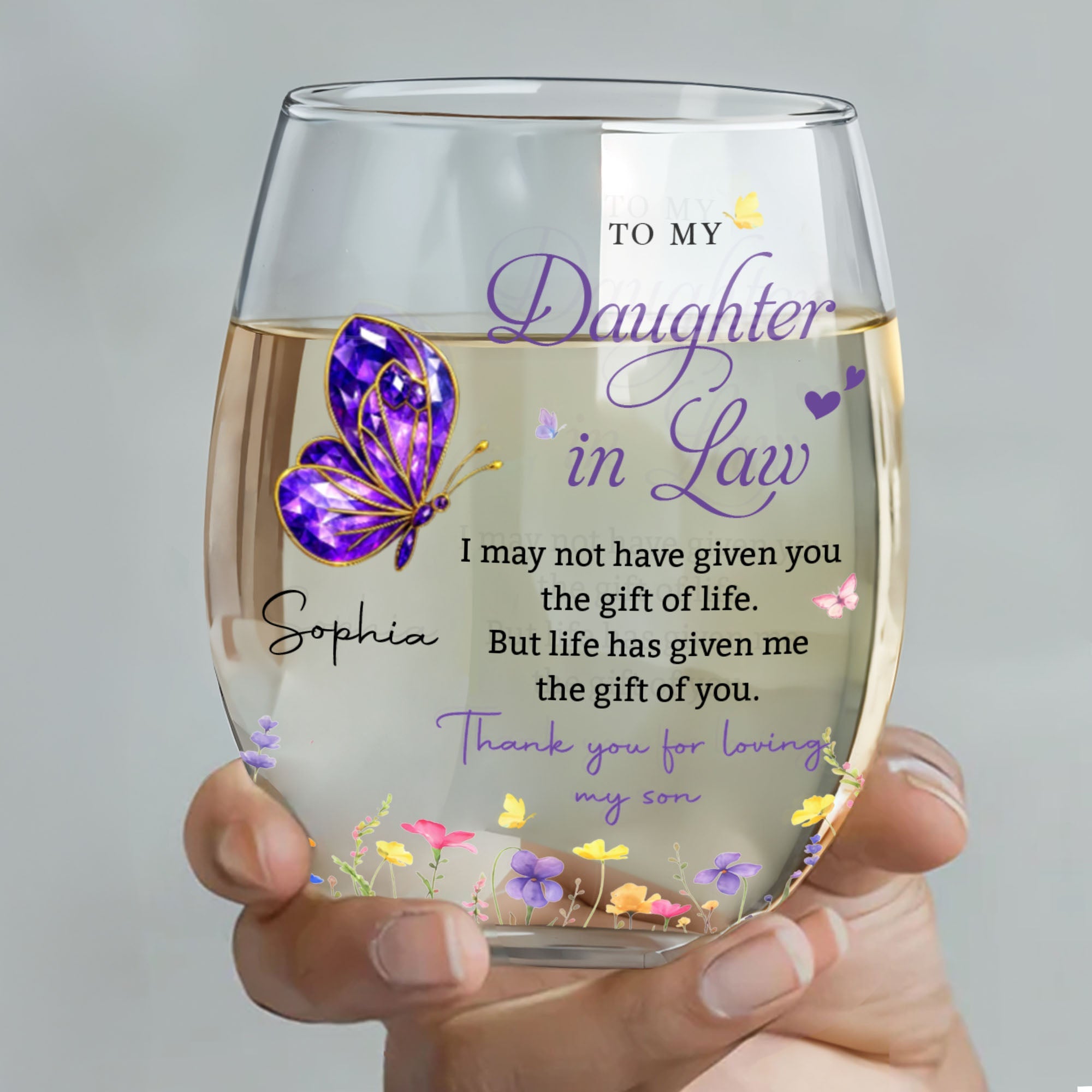 Personalized Stemless Wine Glass Custom Gift for Daughter-in-Law Wine Glasses GradoCreations