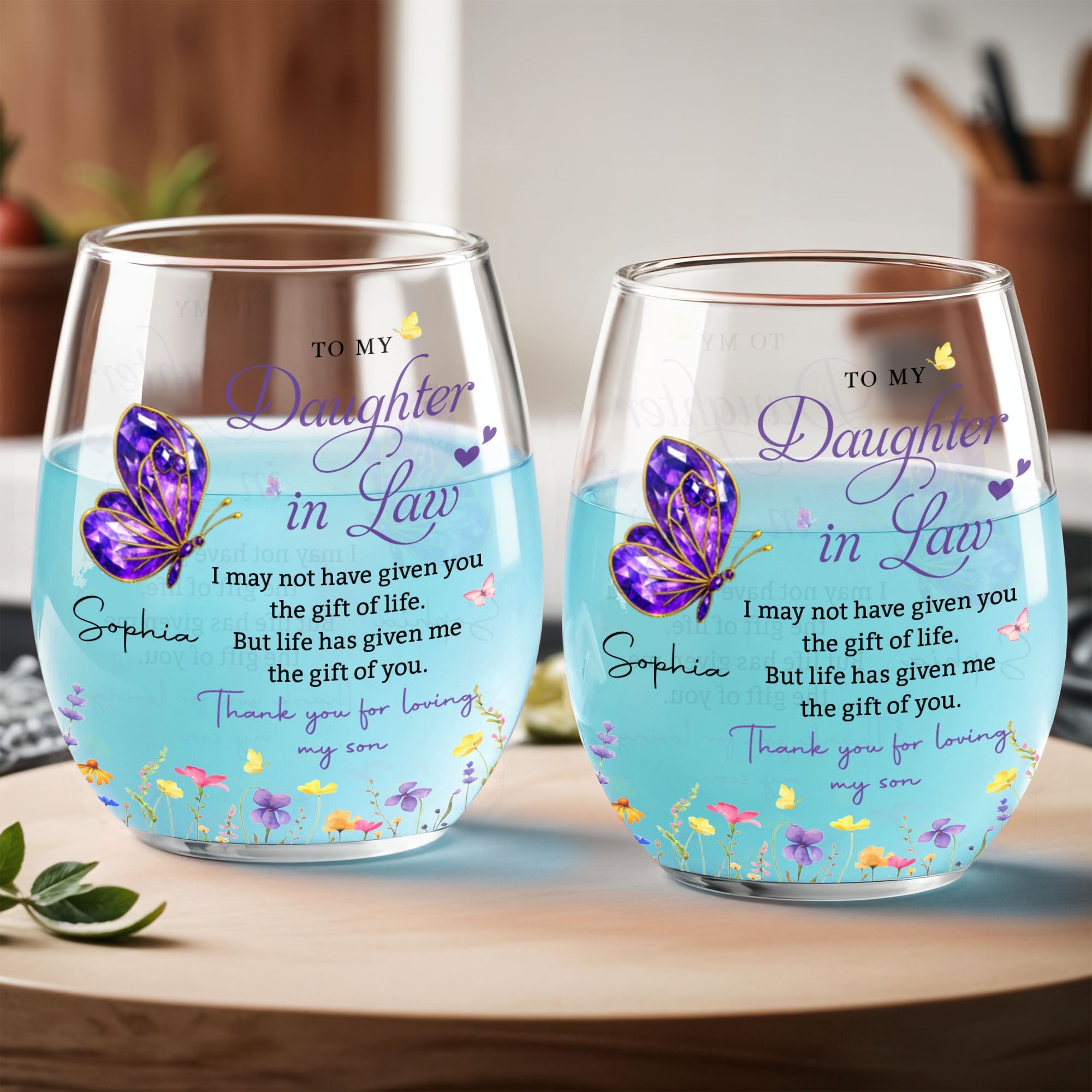 Personalized Stemless Wine Glass Custom Gift for Daughter-in-Law Wine Glasses GradoCreations