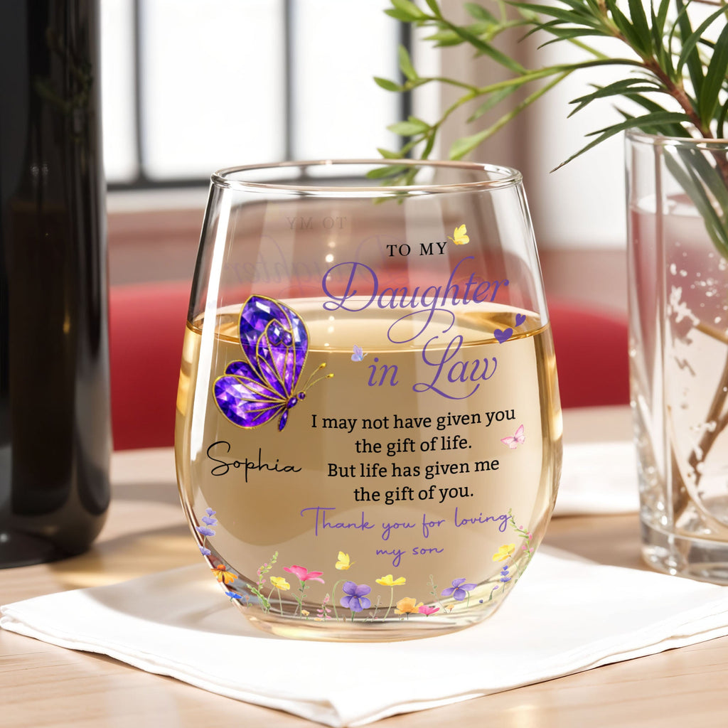 Personalized Stemless Wine Glass Custom Gift for Daughter-in-Law Wine Glasses GradoCreations