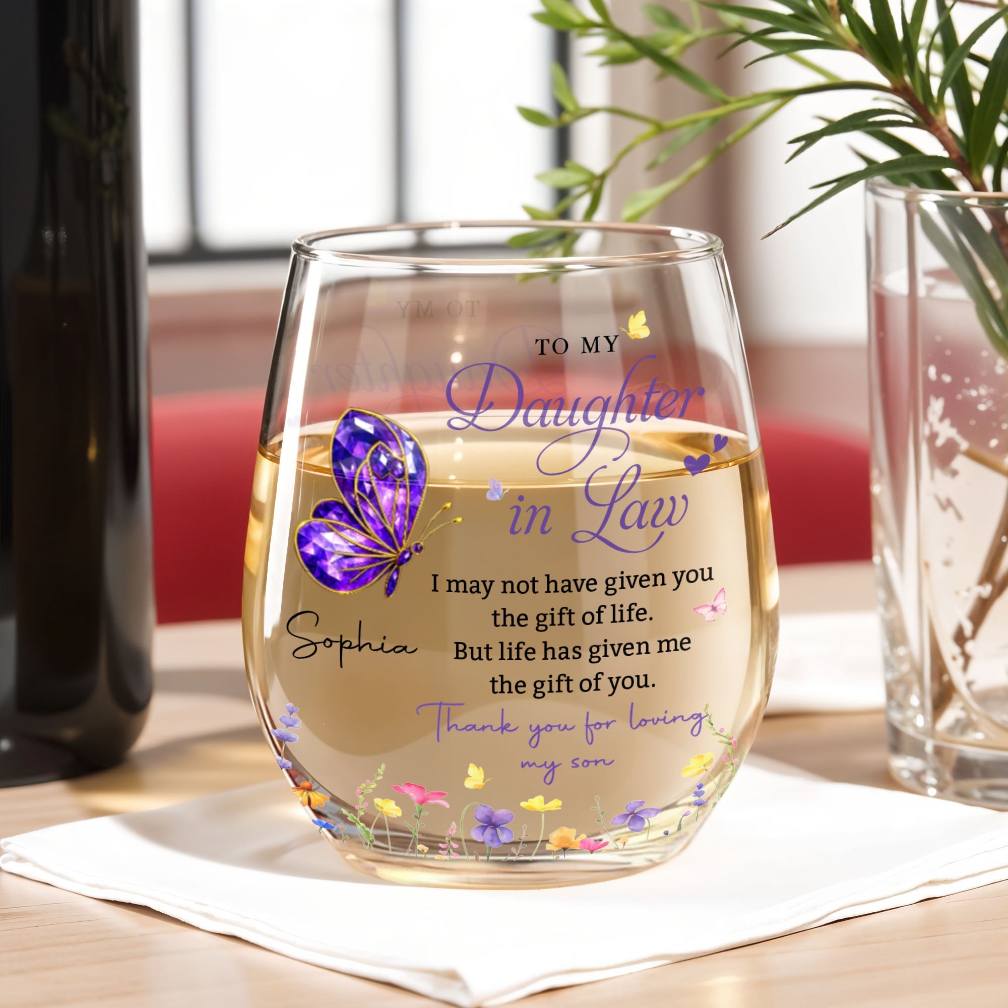Personalized Stemless Wine Glass Custom Gift for Daughter-in-Law Wine Glasses GradoCreations