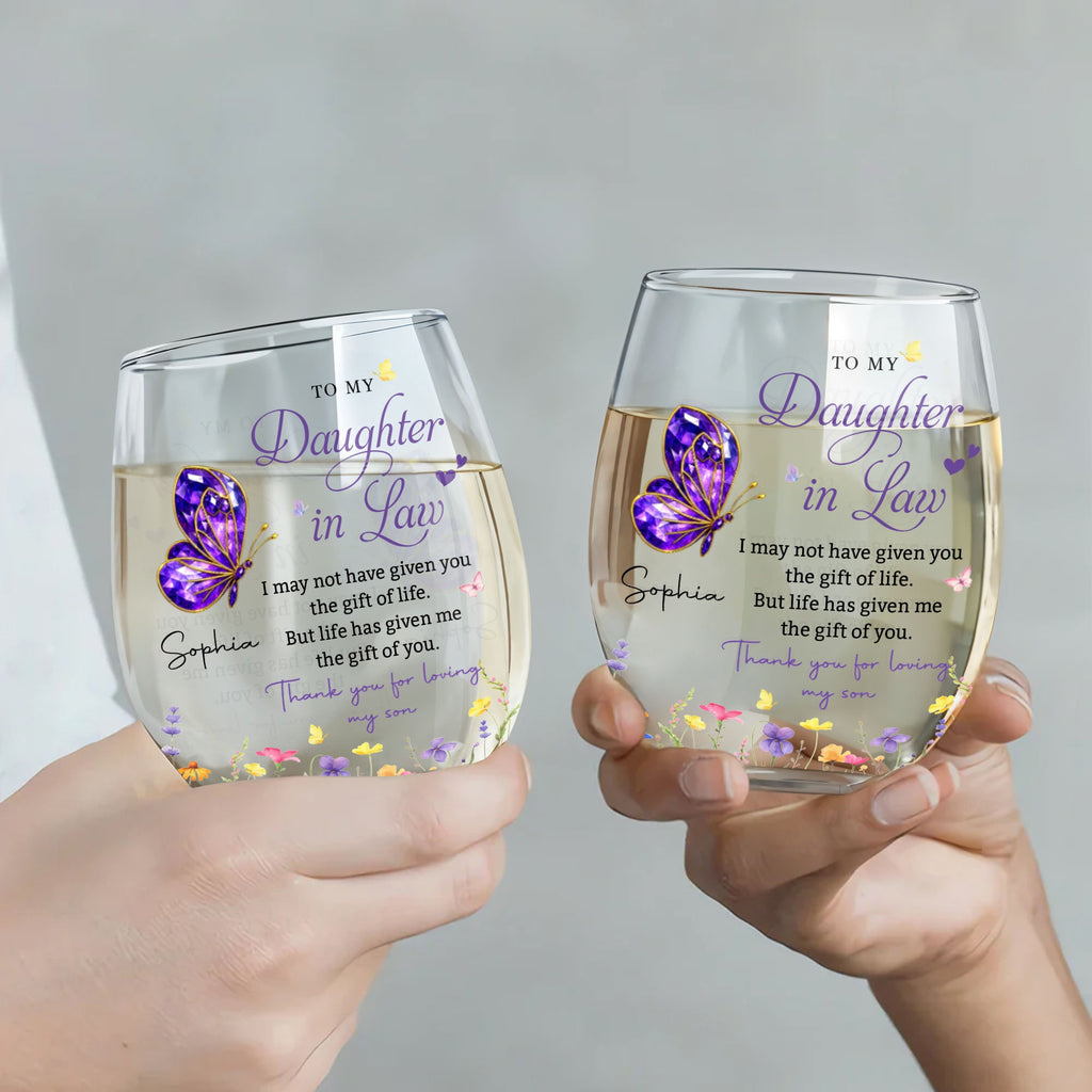 Personalized Stemless Wine Glass Custom Gift for Daughter-in-Law Wine Glasses GradoCreations