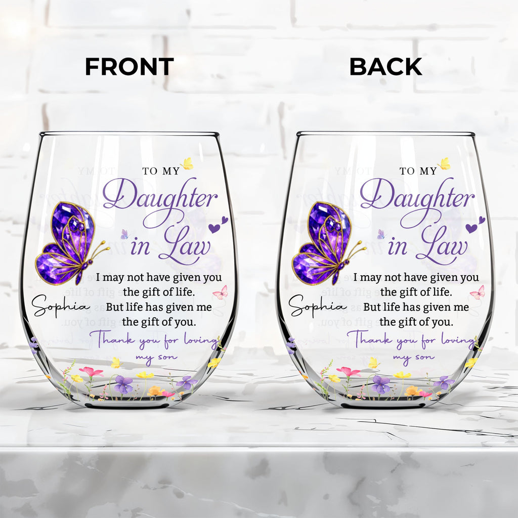 Personalized Stemless Wine Glass Custom Gift for Daughter-in-Law Wine Glasses GradoCreations