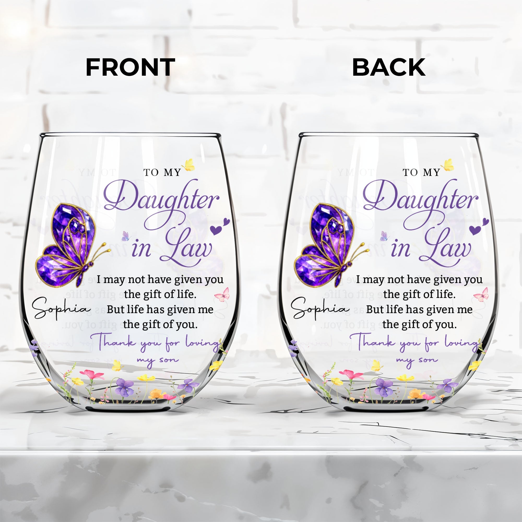 Personalized Stemless Wine Glass Custom Gift for Daughter-in-Law Wine Glasses GradoCreations
