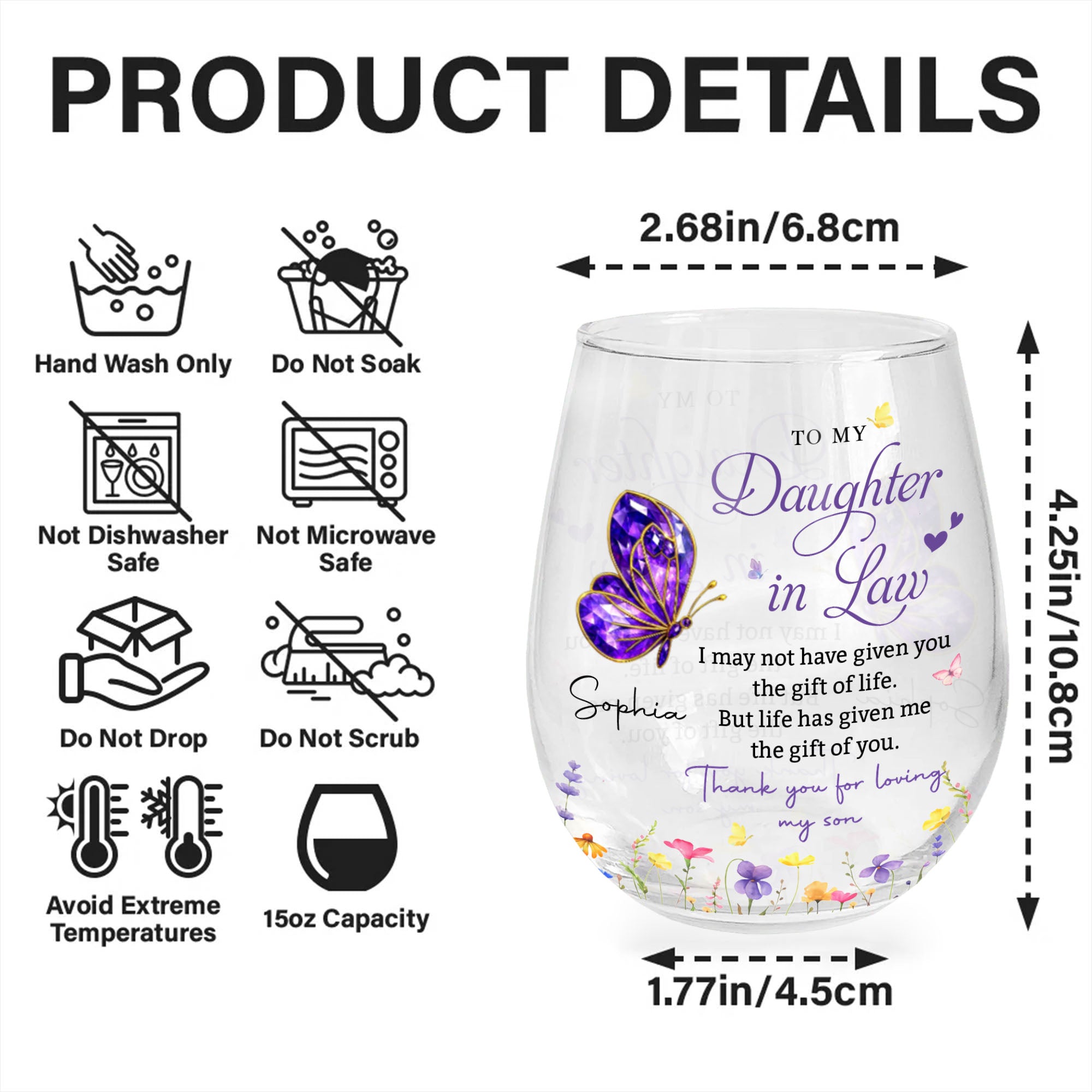 Personalized Stemless Wine Glass Custom Gift for Daughter-in-Law Wine Glasses GradoCreations