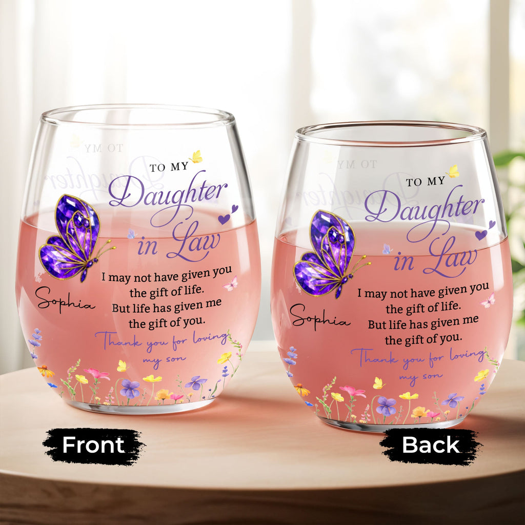 Personalized Stemless Wine Glass Custom Gift for Daughter-in-Law Wine Glasses GradoCreations