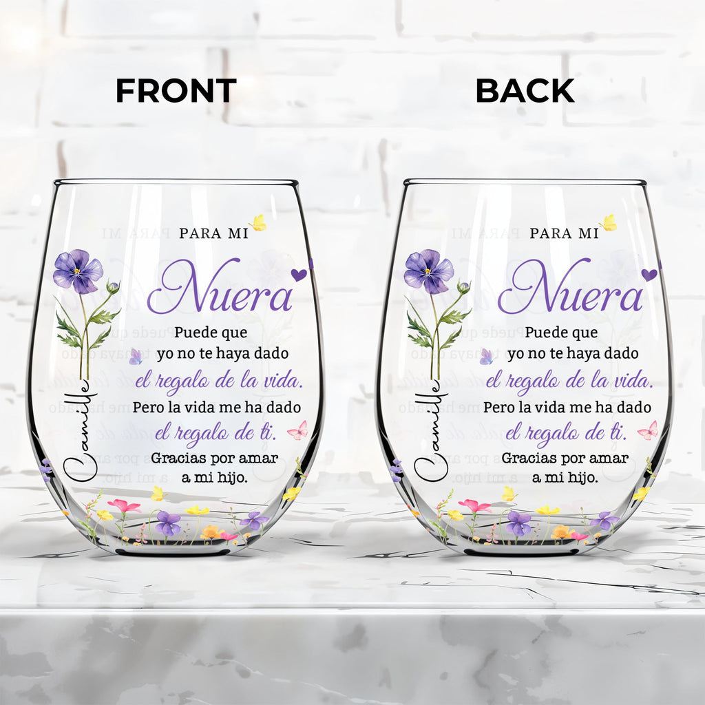 Personalized Stemless Wine Glass Custom Birth Month Flowers Gift for Daughter-in-Law Wine Glasses GradoCreations