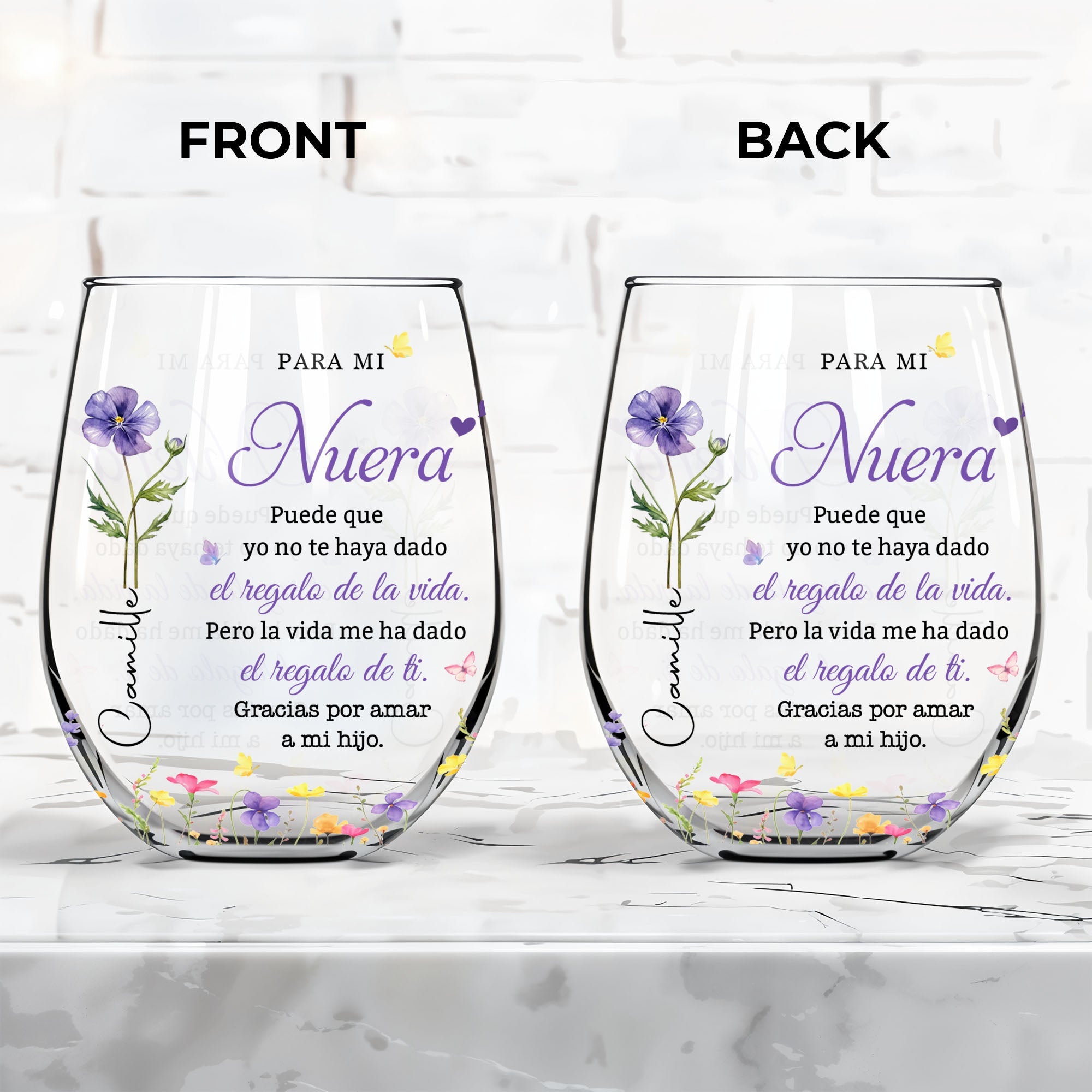 Personalized Stemless Wine Glass Custom Birth Month Flowers Gift for Daughter-in-Law Wine Glasses GradoCreations