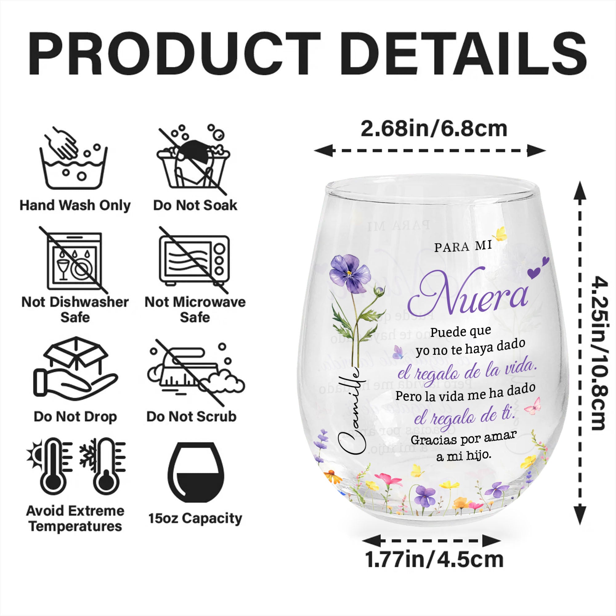 Personalized Stemless Wine Glass Custom Birth Month Flowers Gift for Daughter-in-Law Wine Glasses GradoCreations