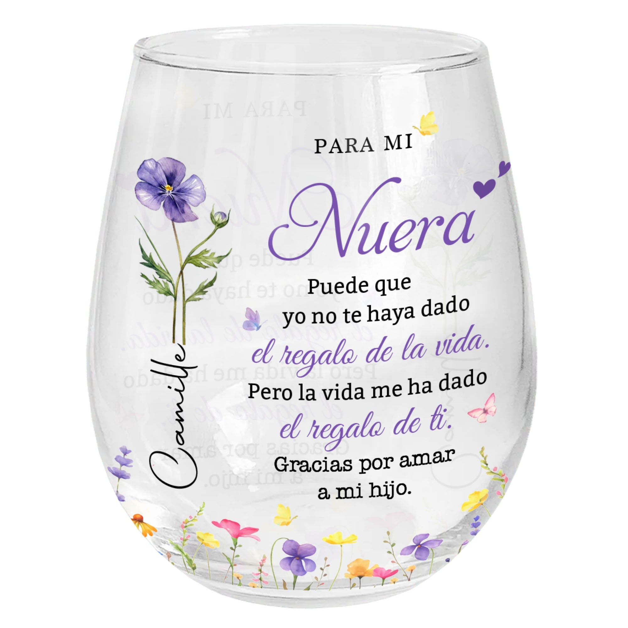 Personalized Stemless Wine Glass Custom Birth Month Flowers Gift for Daughter-in-Law Wine Glasses GradoCreations