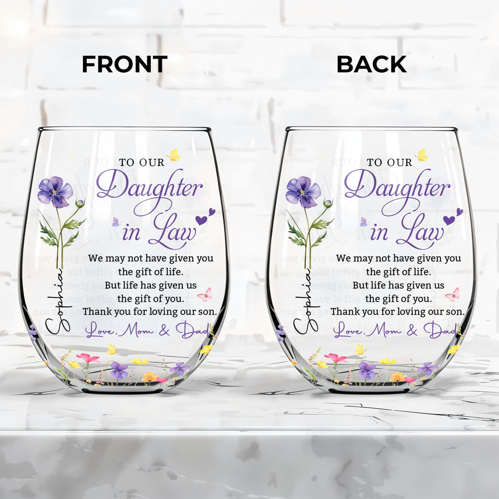 Personalized Stemless Wine Glass Custom Birth Month Flower Gift for Daughter-in-Law Wine Glasses GradoCreations