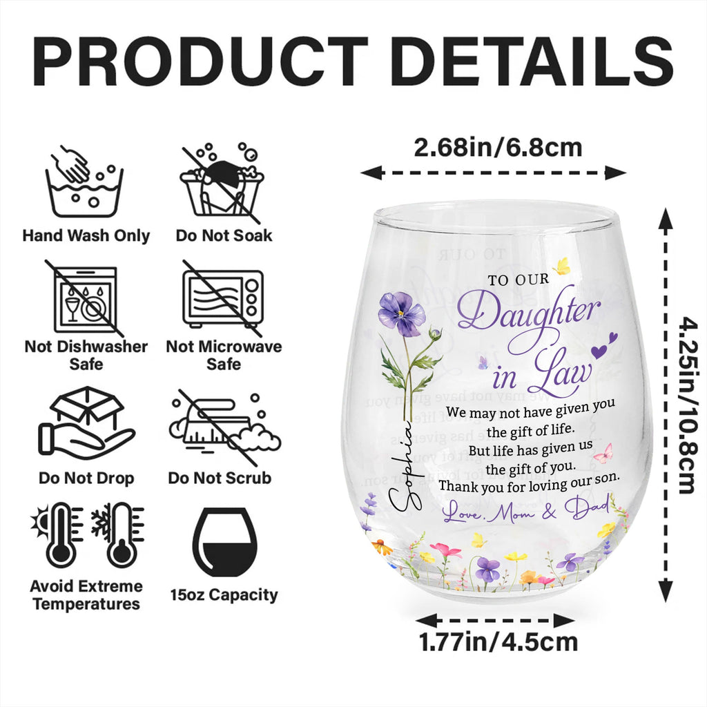 Personalized Stemless Wine Glass Custom Birth Month Flower Gift for Daughter-in-Law Wine Glasses GradoCreations