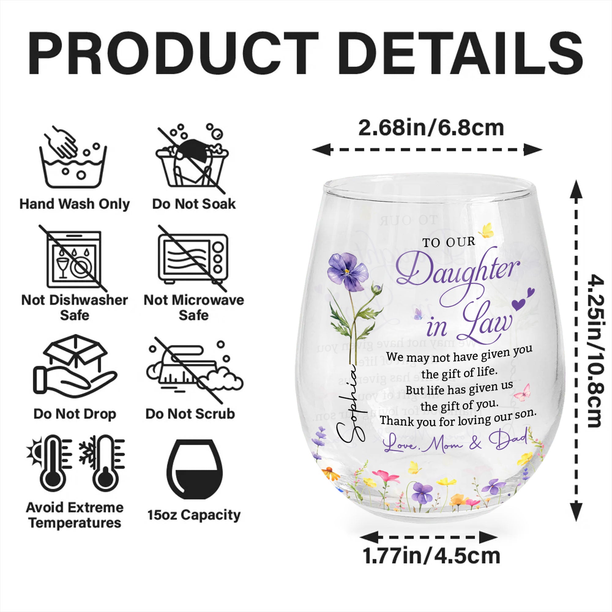 Personalized Stemless Wine Glass Custom Birth Month Flower Gift for Daughter-in-Law Wine Glasses GradoCreations