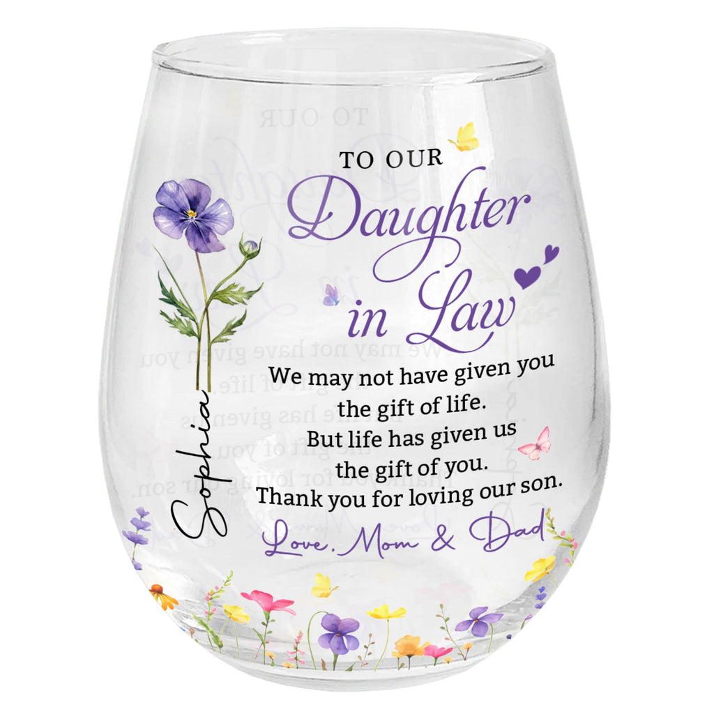 Personalized Stemless Wine Glass Custom Birth Month Flower Gift for Daughter-in-Law Wine Glasses GradoCreations