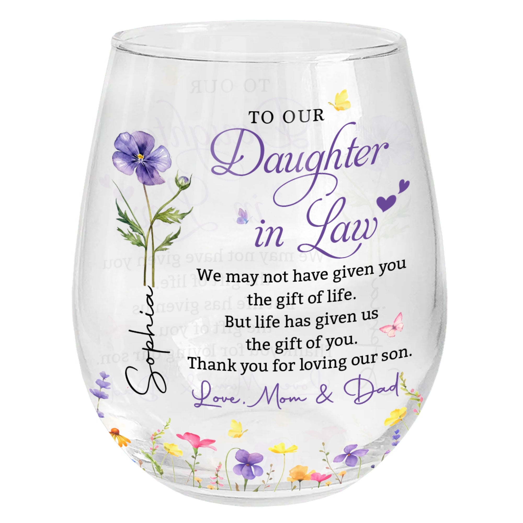 Personalized Stemless Wine Glass Custom Birth Month Flower Gift for Daughter-in-Law Wine Glasses GradoCreations